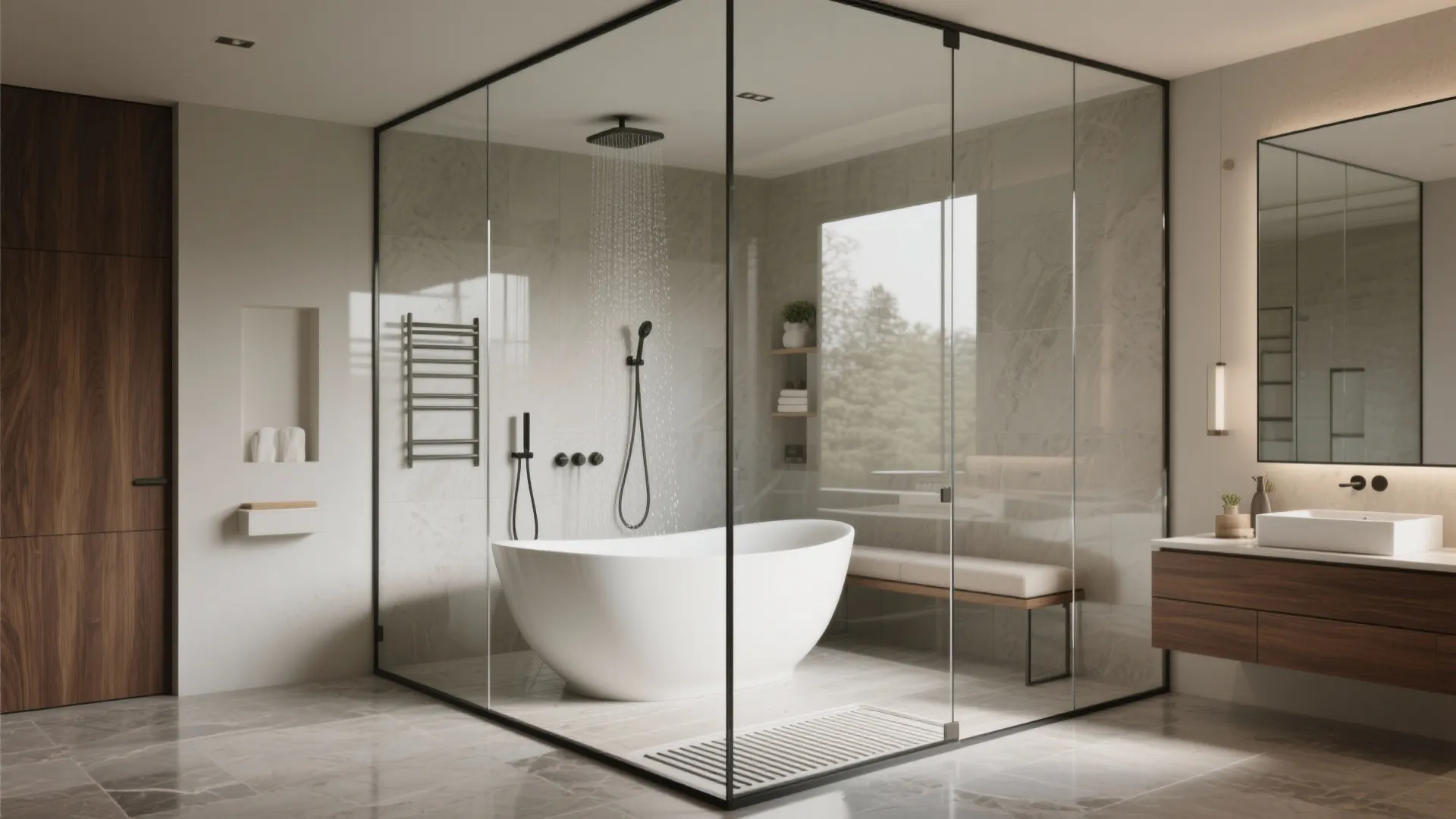 Modern wet room featuring white oval bathtub inside a glass shower enclosure with marble walls
