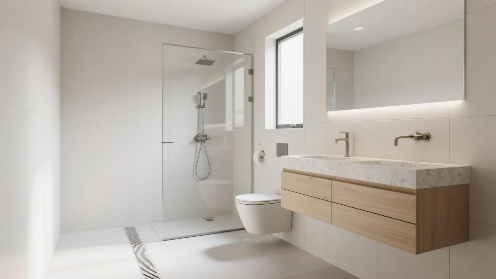 Modern white bathroom featuring glass shower wall toilet wooden cabinet and mirror with soft light