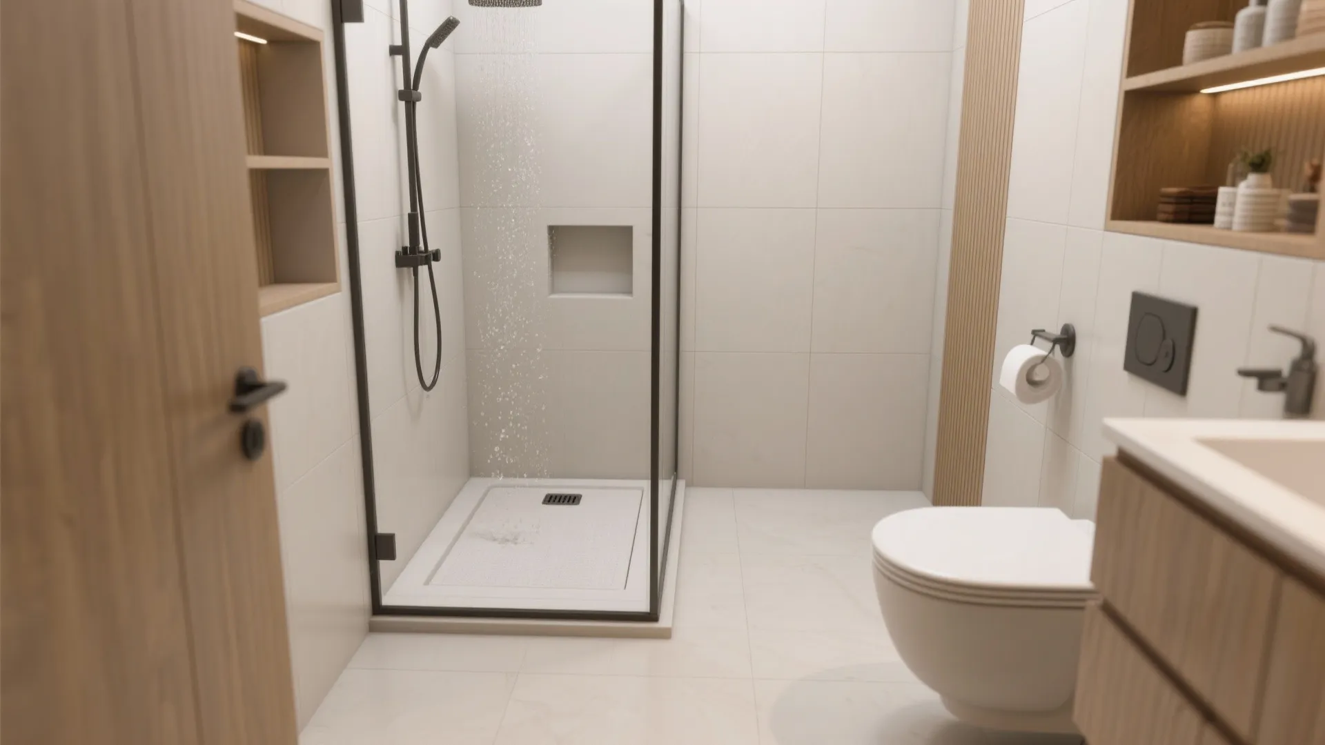 Bright bathroom interior design with glass shower toilet white sink wood shelf and tiled walls