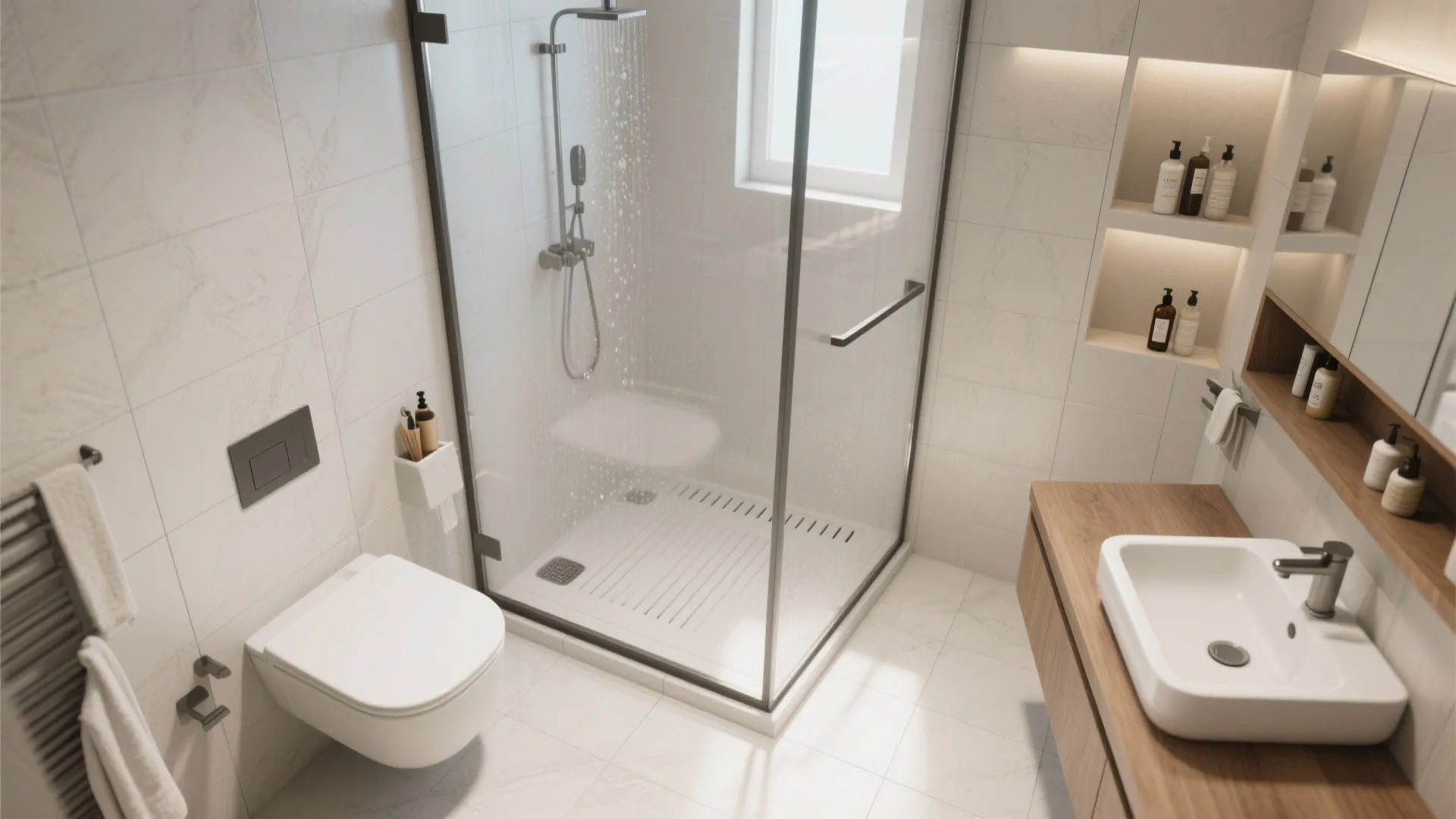 2. Wet-room bathroom with zoned surfaces