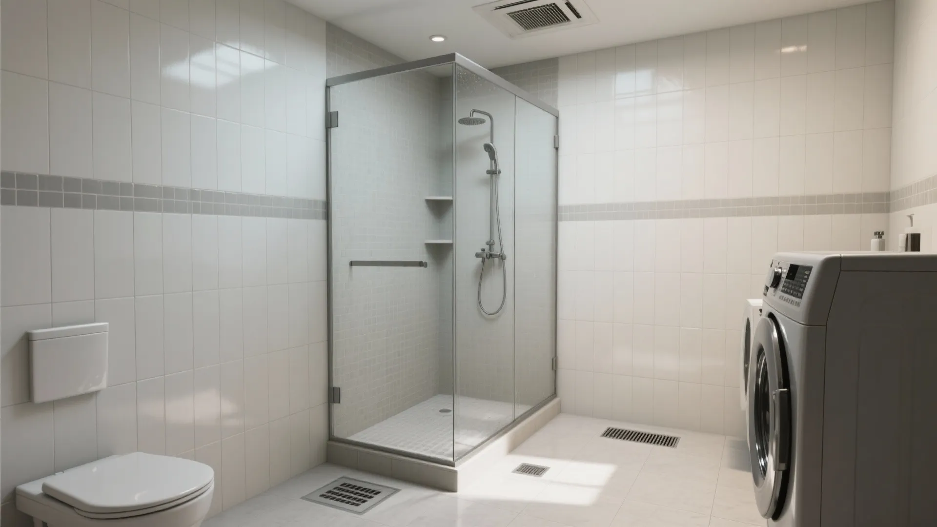 Wet room zoning with floor drain and splash control