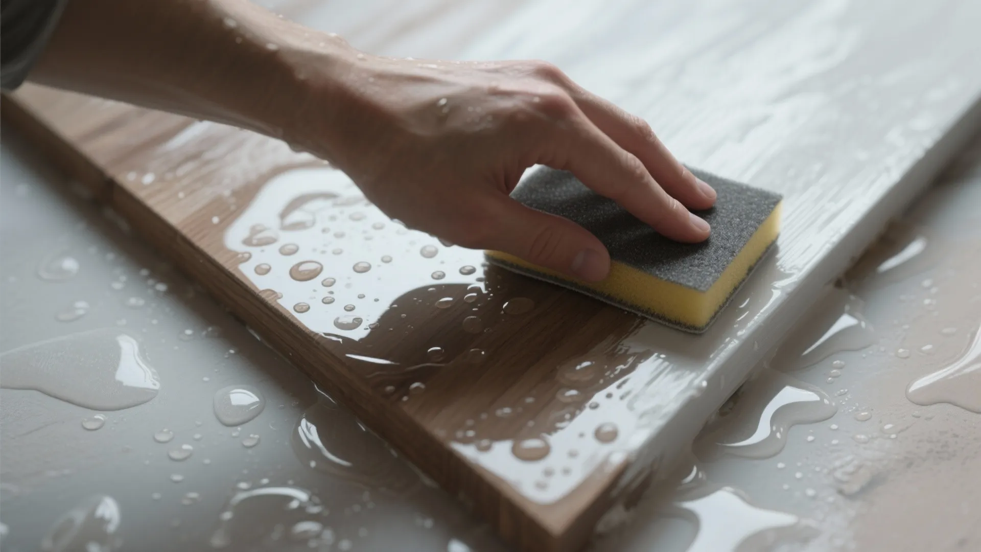Hand using a sponge to sand a wet wooden surface with water droplets for smooth results