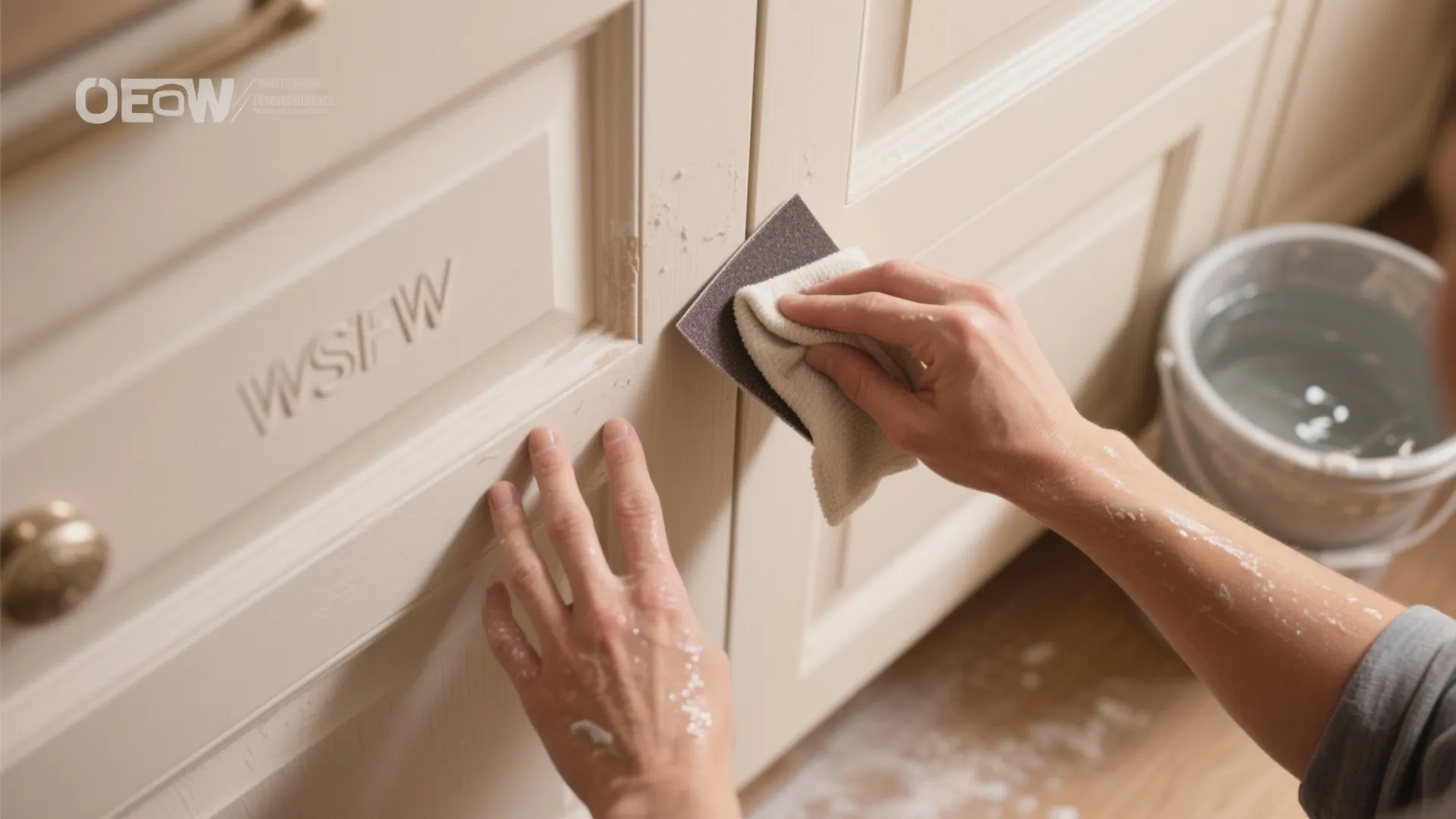 Top-down view of hands doing light sanding and wet-sanding on a cabinet door with water bucket and cloth to reduce dust.