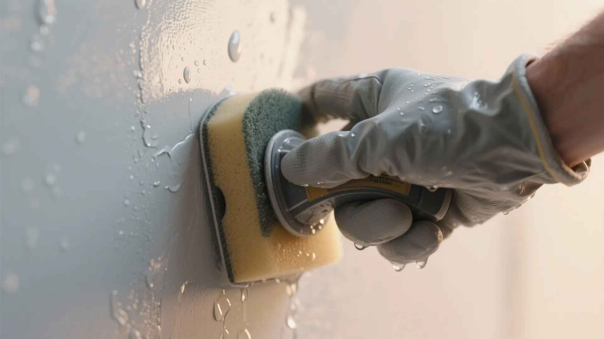 Gloved hand using a wet sponge to clean a smooth white wall surface with water