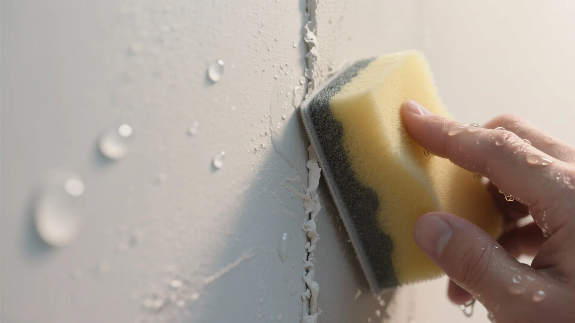 Person using a wet yellow sponge to smooth down white plaster on a home wall