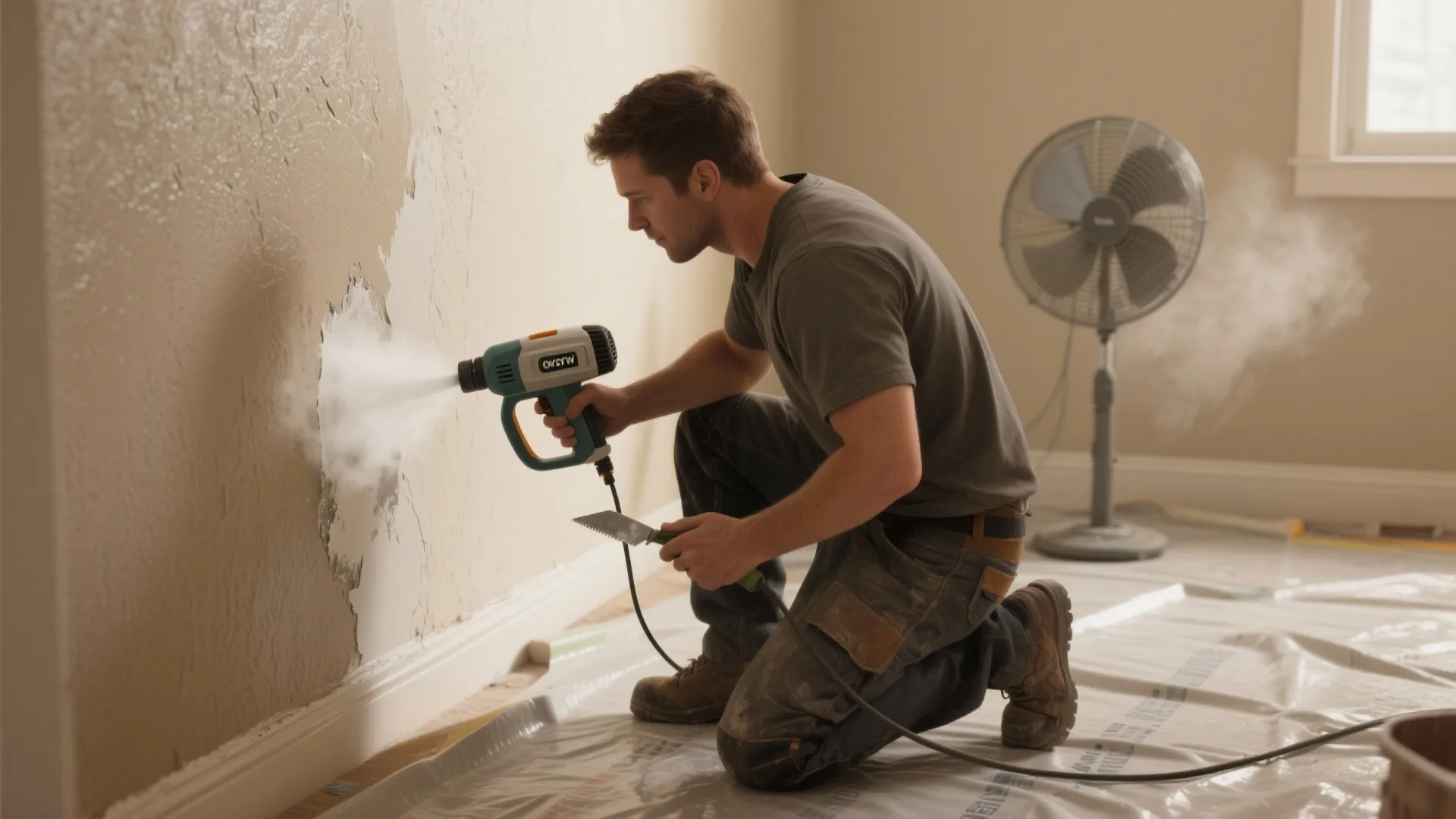 Person using a steamer and putty knife to wet-scrape textured paint from a wall with protective coverings.