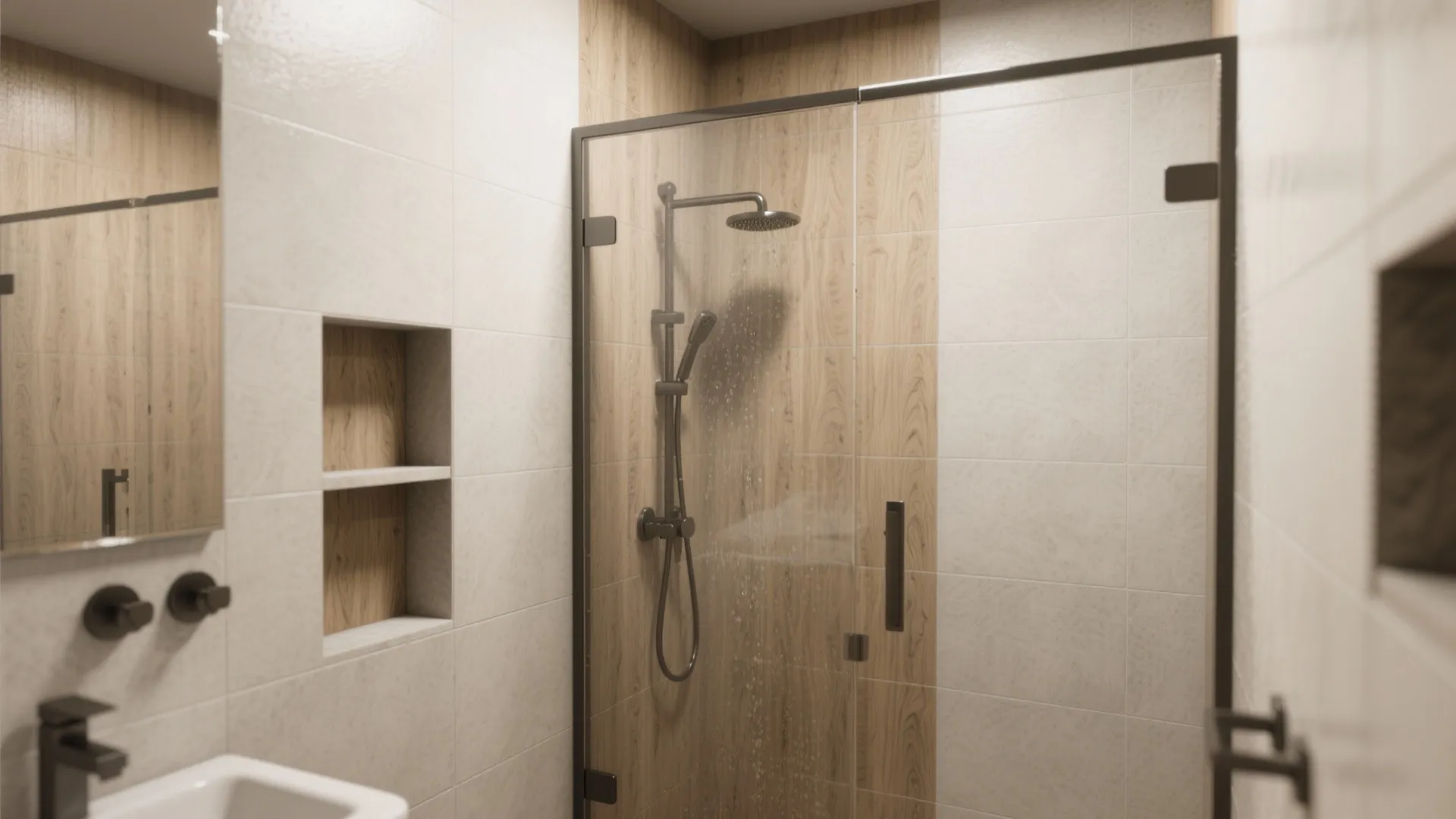 Modern walk-in glass shower room with wood wall panels and black shower head light fixture