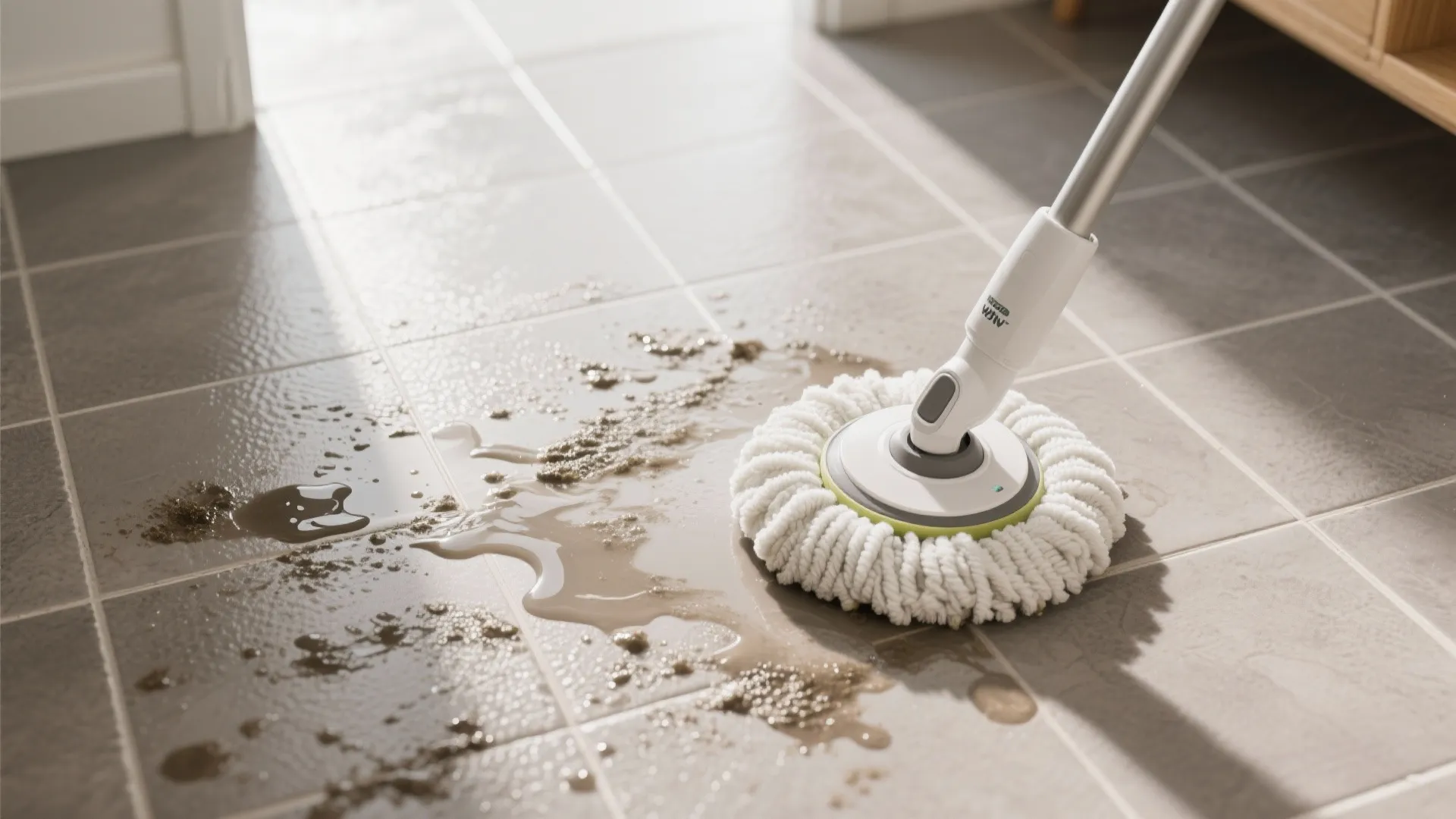Top-down view of a wet vacuum and spin mop cleaning porcelain floor tiles.