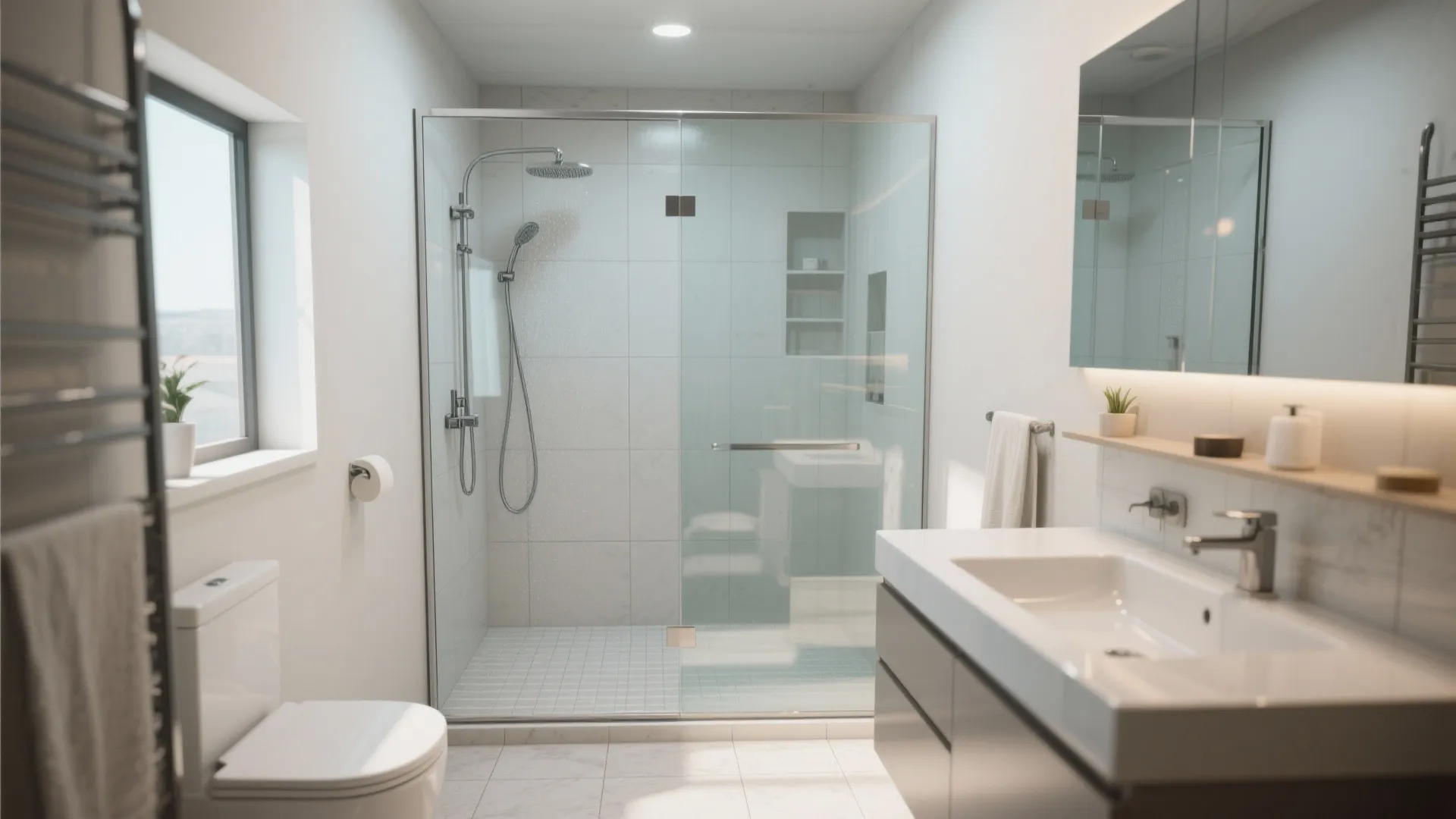 2. Wet-room or walk-in shower to open sightlines