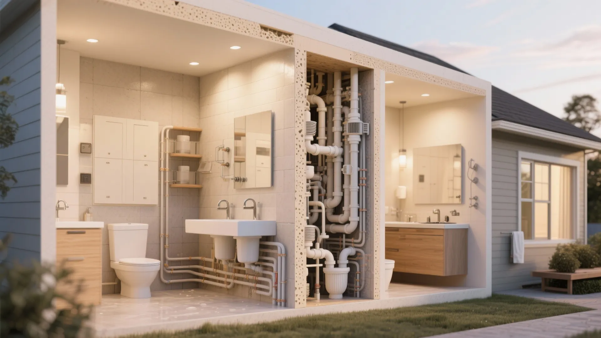 Cross-section view of stacked bathroom and kitchen along one wet wall with visible plumbing stacks.