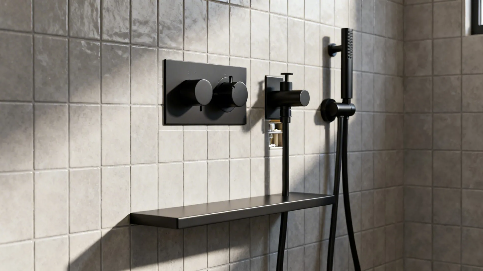Wet-wall shower with concealed plumbing and integrated thermostatic mixer on a single tiled wall