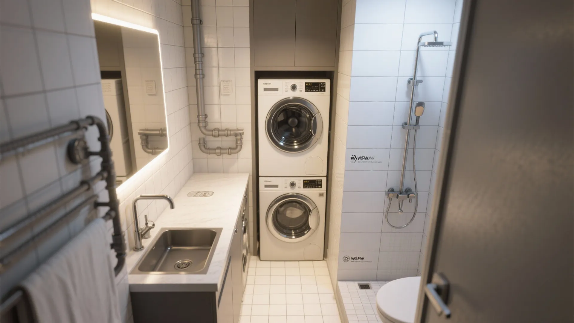 Small white bathroom layout including a stacked washing machine dryer unit sink and shower area