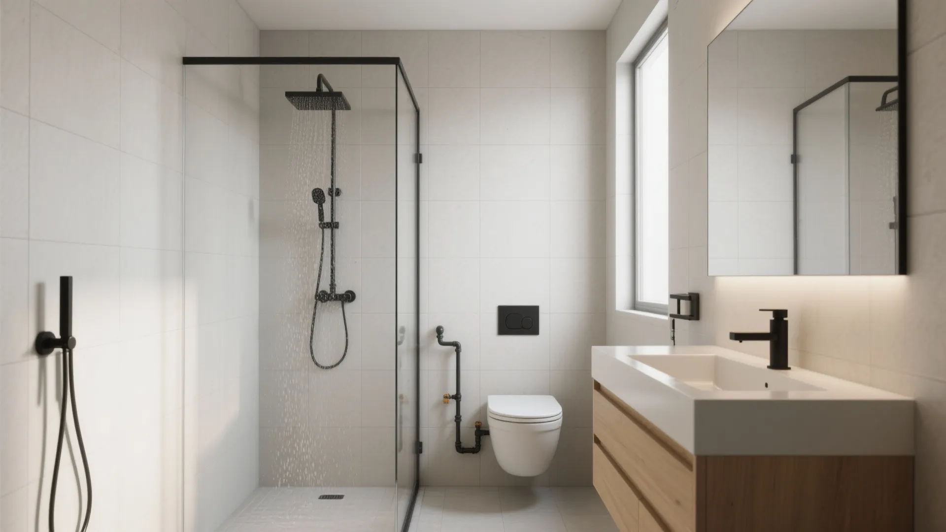 1. Wet-wall linear layout (shower, toilet, vanity)