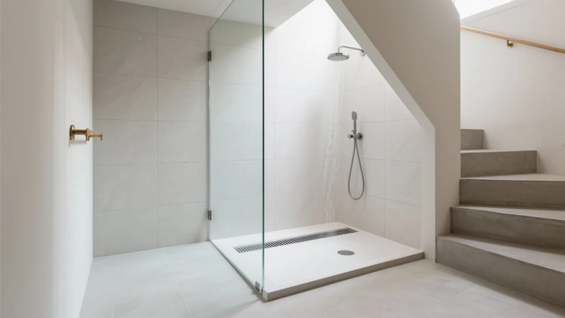 Modern white walk-in shower area with glass door beside concrete stairs in a bright bathroom