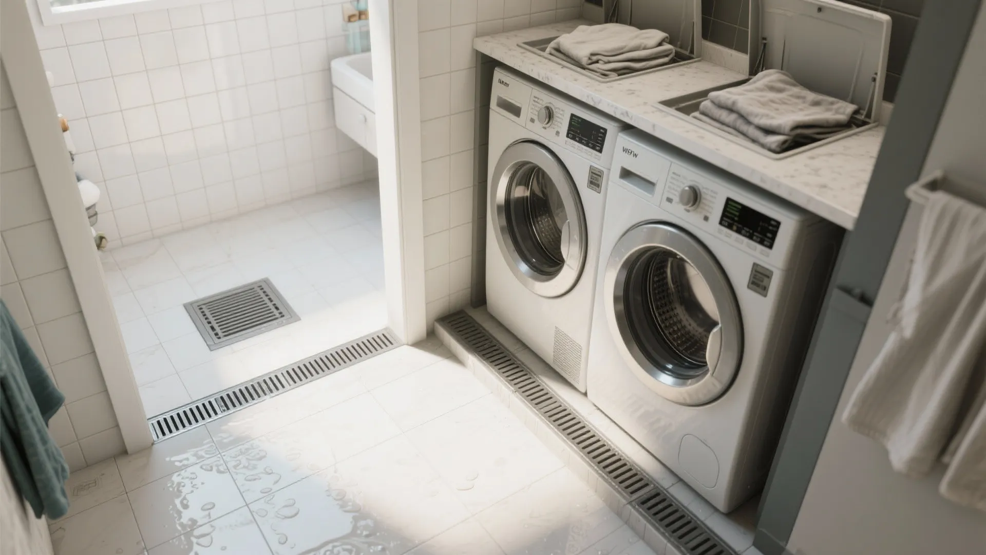 Modern laundry area with white washing machines under a stone counter next to tiled shower