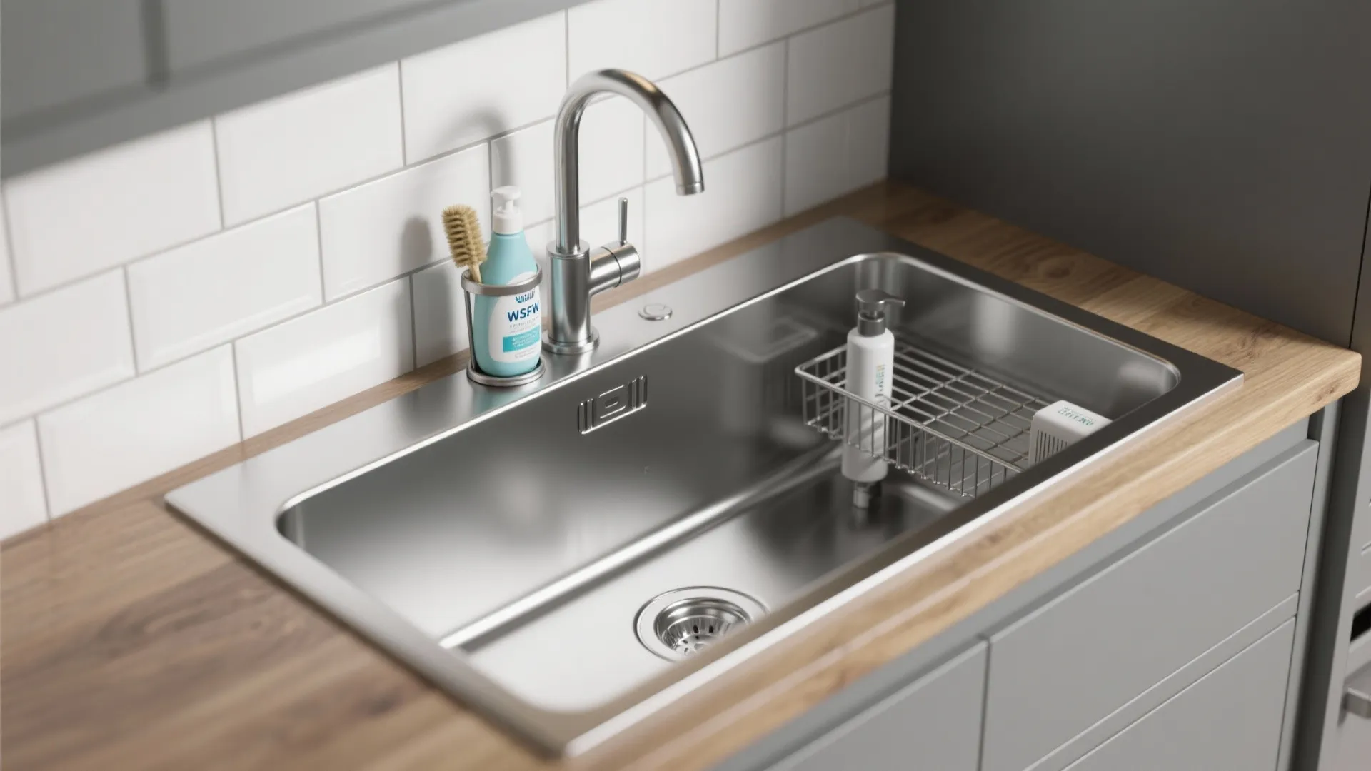 Modern stainless steel kitchen sink on wooden countertop with white wall tiles and chrome tap
