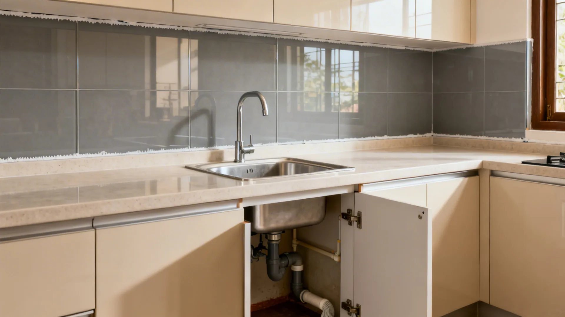 Indian kitchen wet zone with tall backsplash, shadow-gap skirting, and accessible P-trap space.