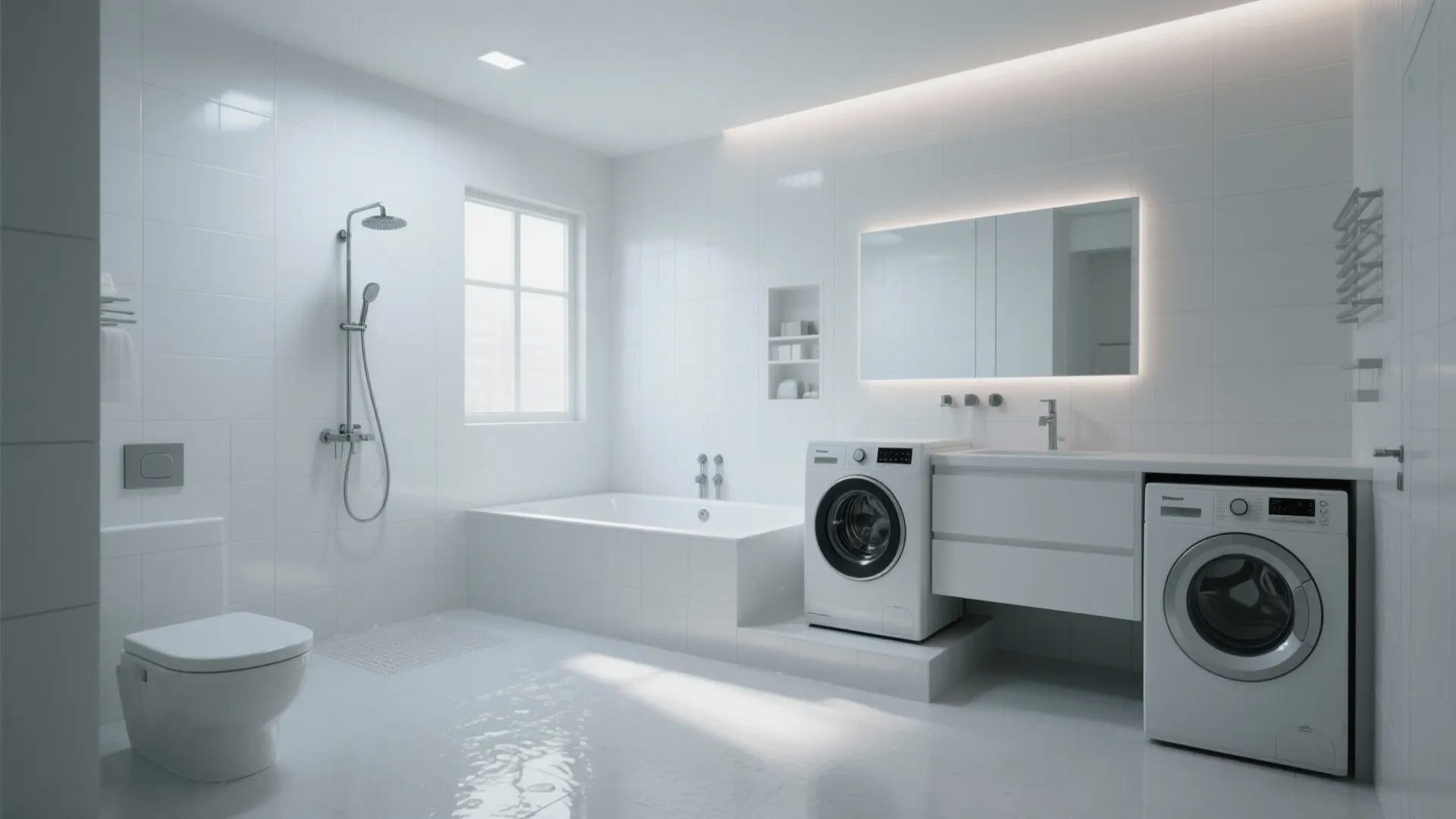 Modern white bathroom with bathtub shower two washing machines sink mirror and white wall tile