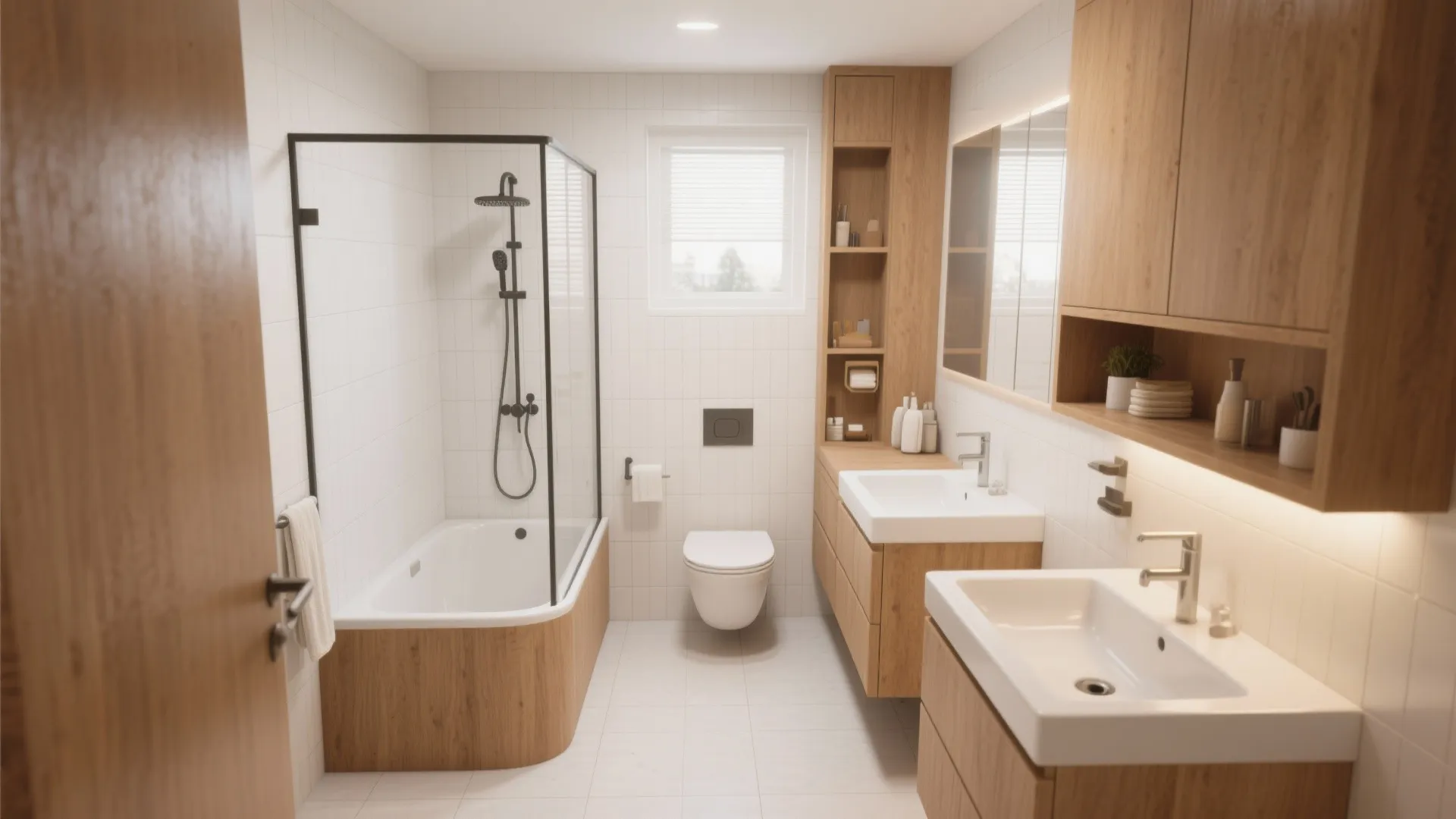 Bright bathroom featuring two white sinks wooden cabinets bathtub with shower and a white toilet