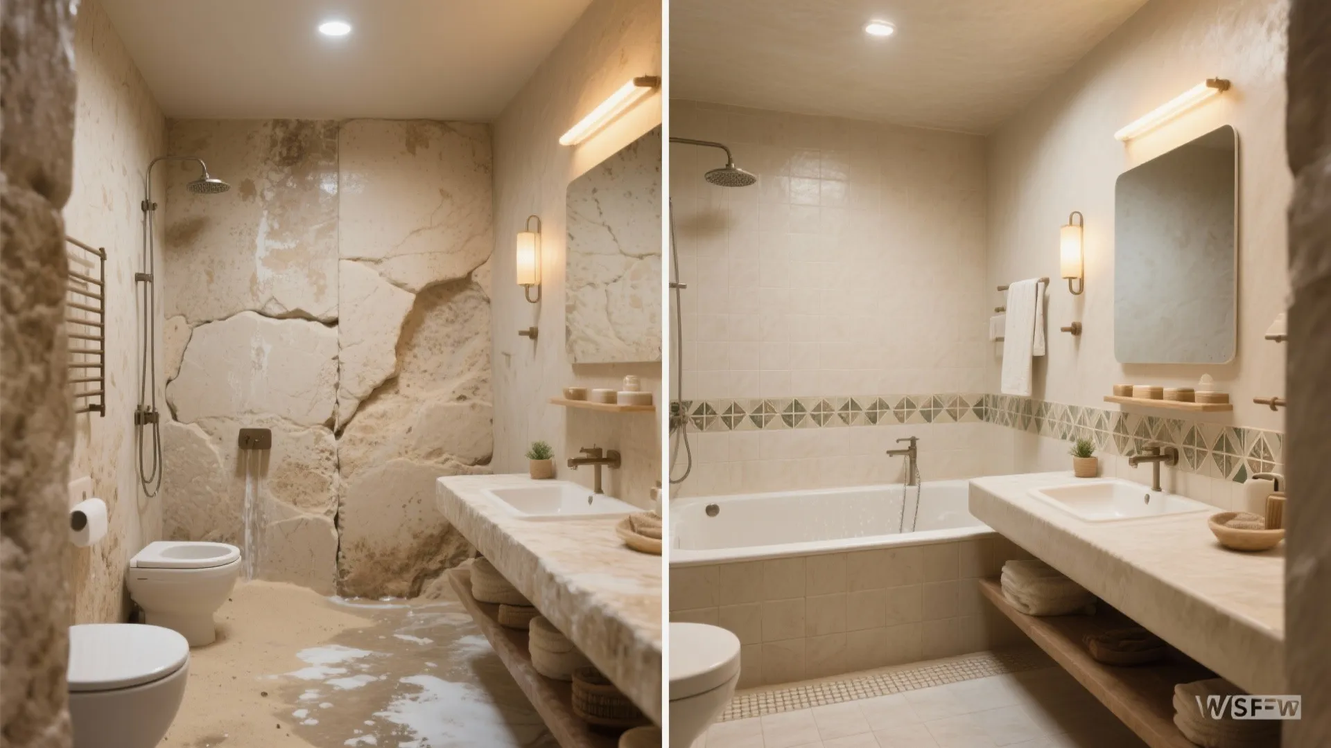 Before and after comparison of a damaged stone bathroom versus a clean renovated tiled bathroom
