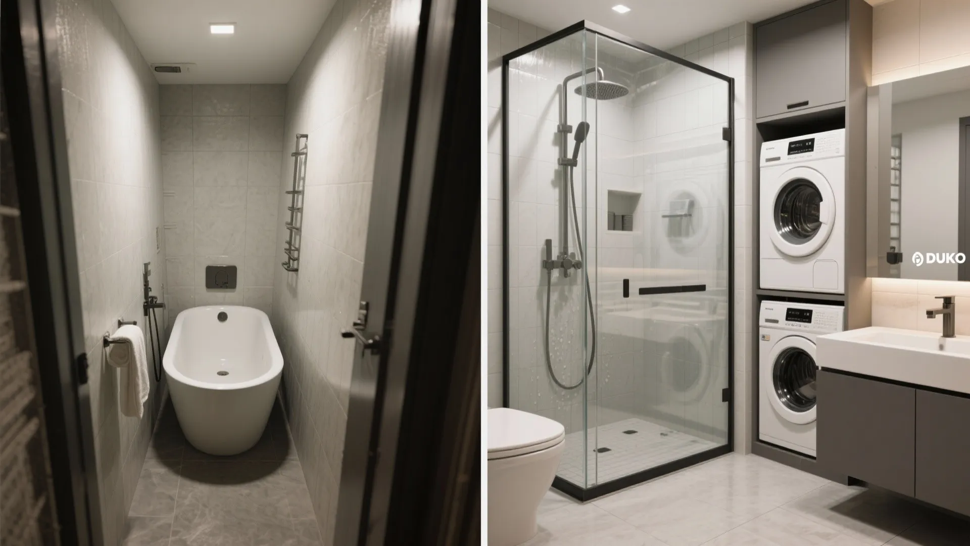 Before and after comparison of narrow bathroom with bathtub versus modern shower and laundry room