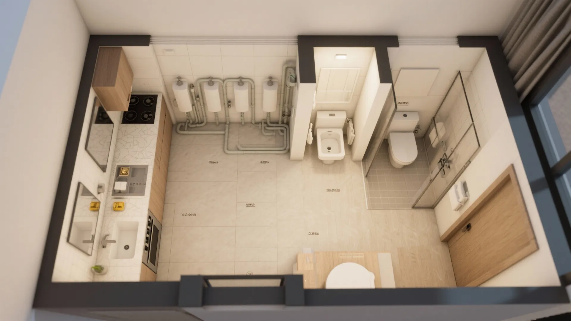 Top view interior design drawing of a bathroom and kitchen layout with plumbing and fixtures