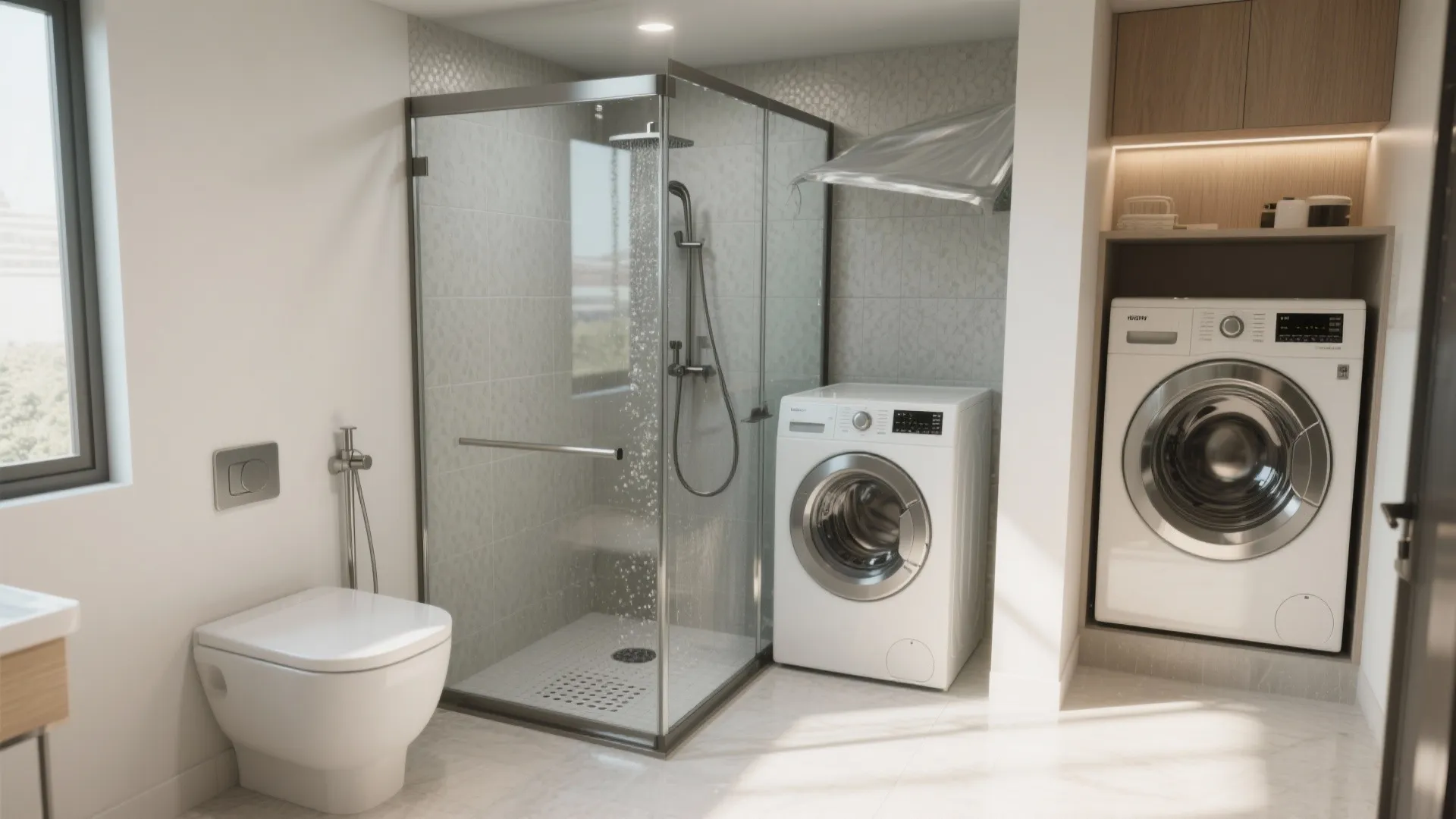 2. Wet-zone combo: shower, sink, and laundry under one canopy