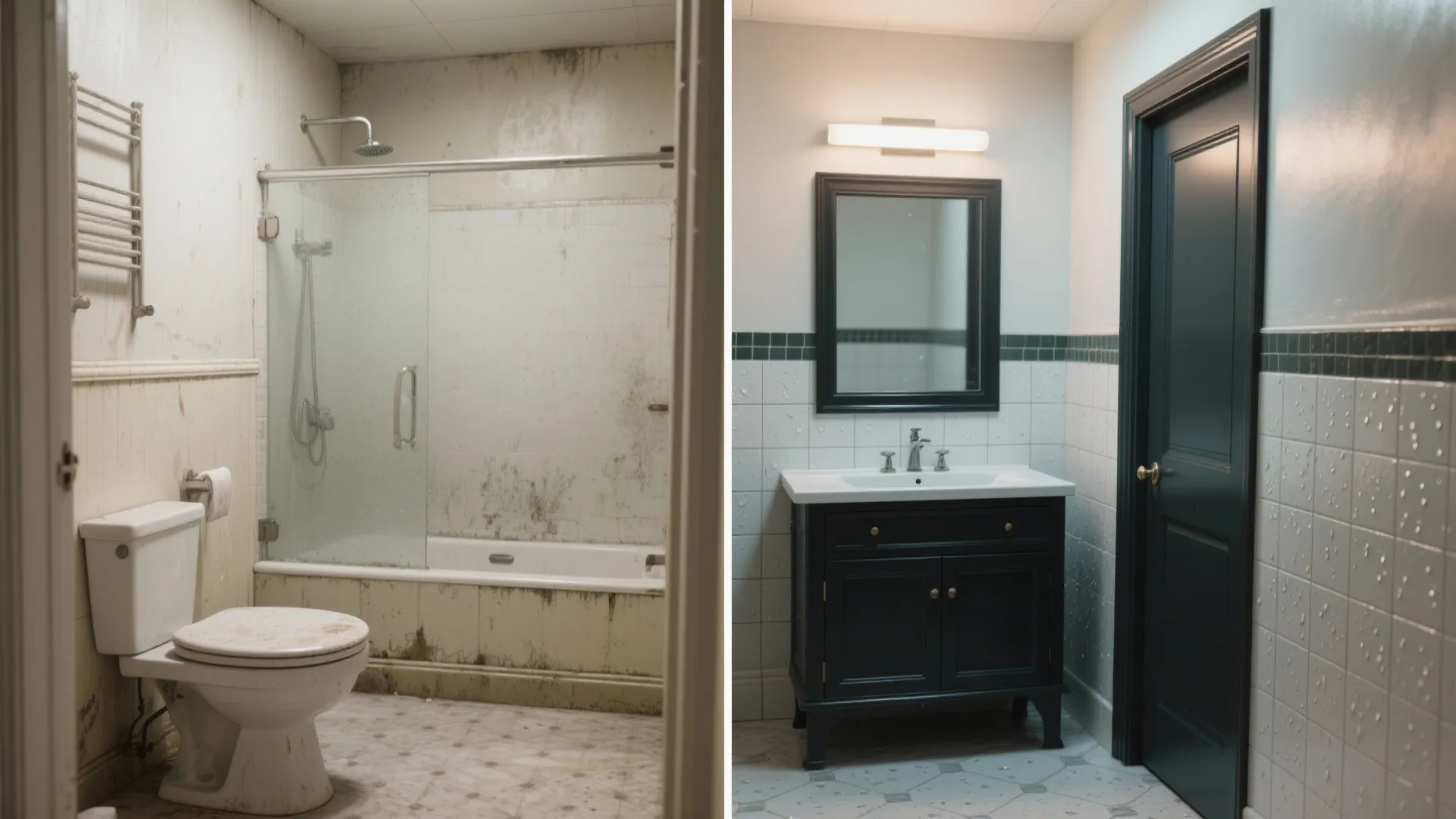 Split bathroom before-and-after showing scuffed pale trim versus dark washable trim with semi-gloss finish.