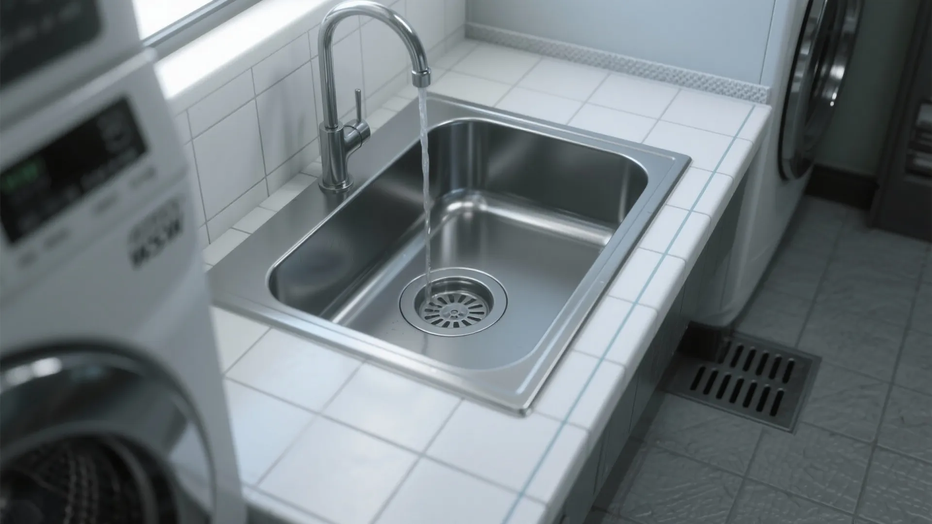 Close up of a metal sink with water running next to a white washing machine
