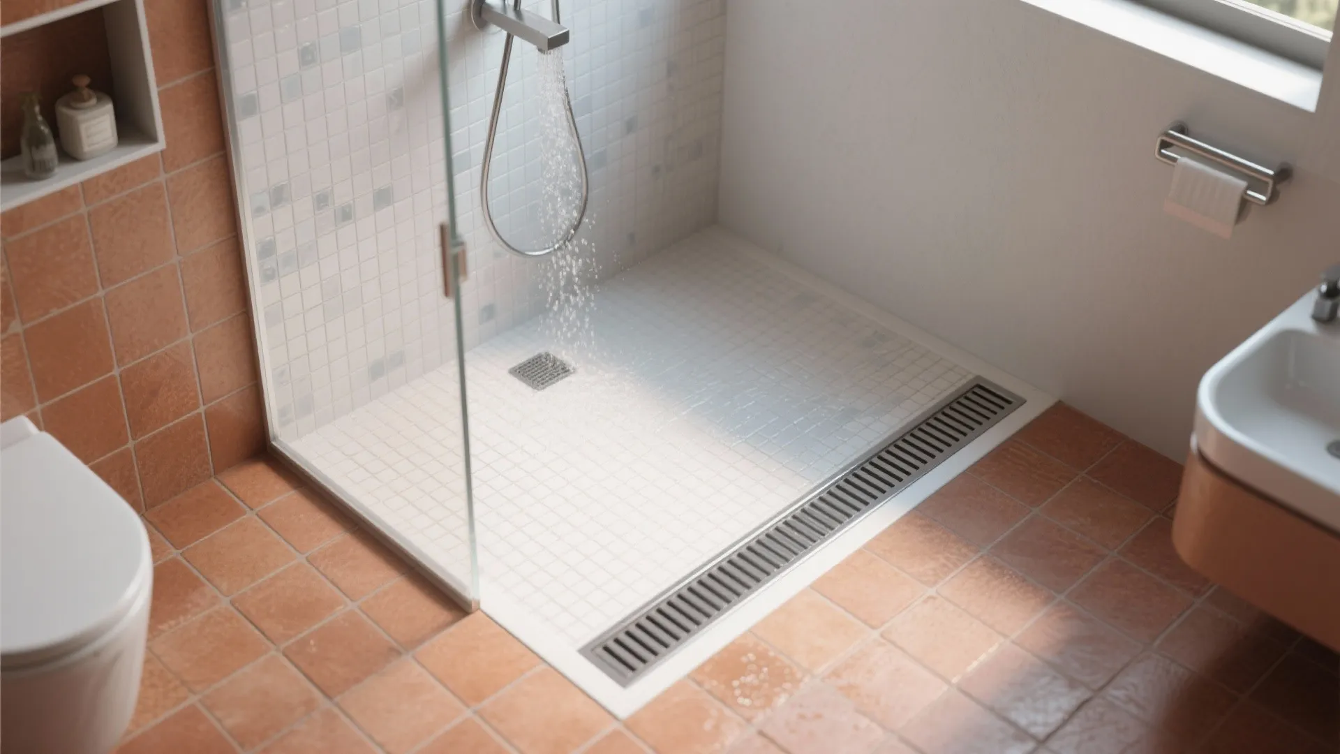 Top-down view showing shower pan slope to linear drain, terracotta outside spray and porcelain mosaic in wet zone.