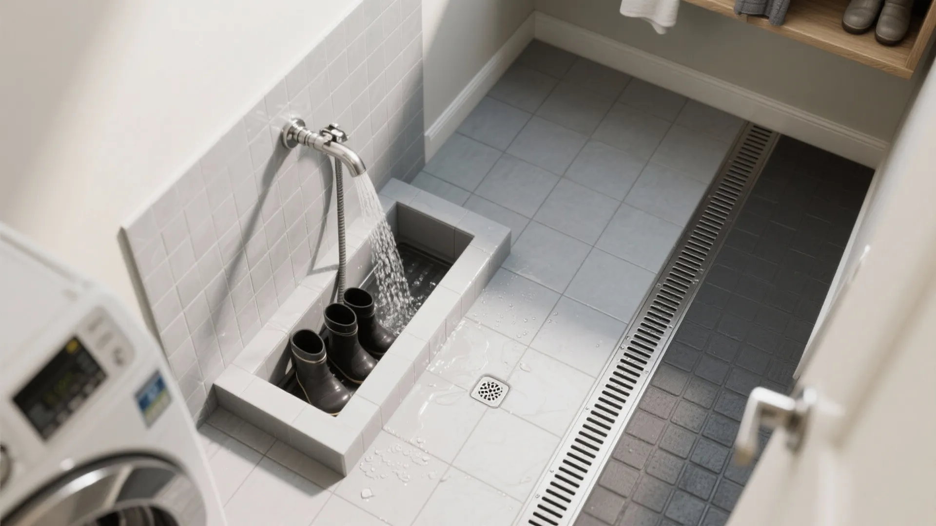 Washing machine next to a tiled floor basin cleaning rubber boots with running water and drain