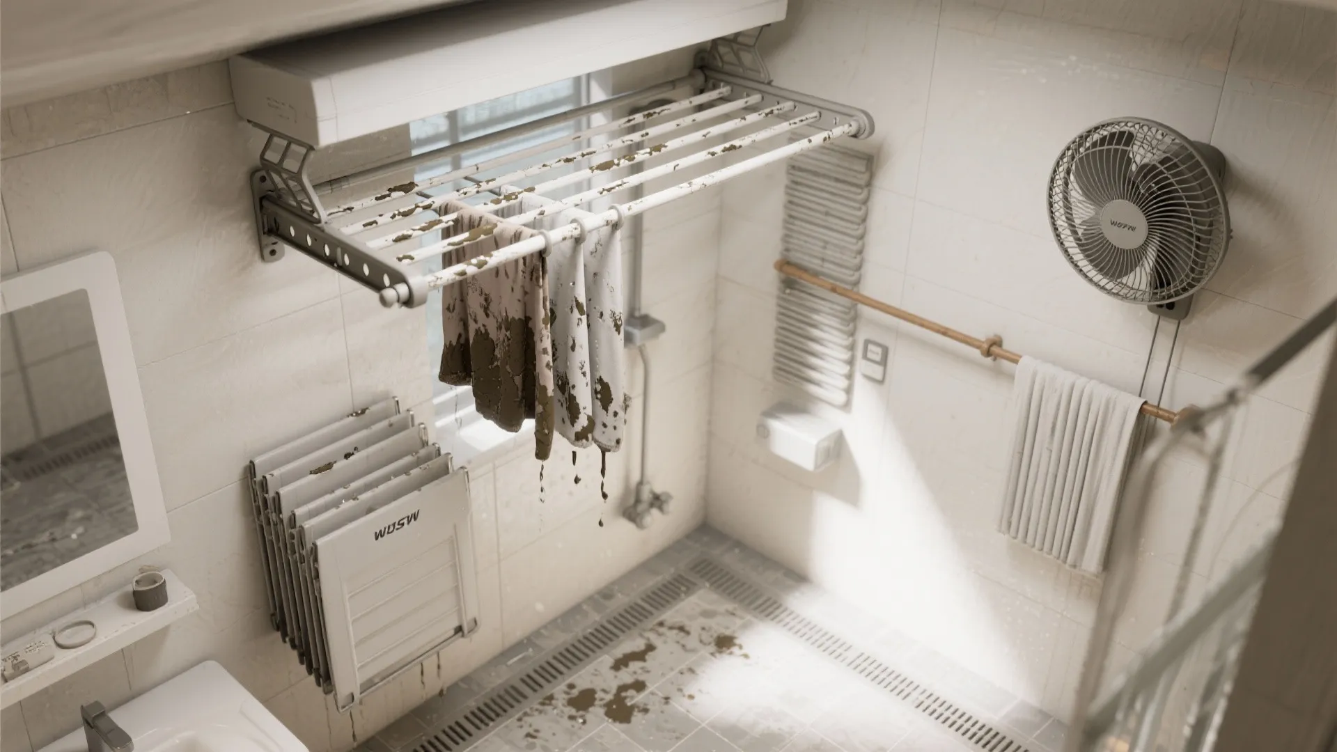 Small laundry area with wall mounted drying rack and cooling fan for drying wet clothes indoors