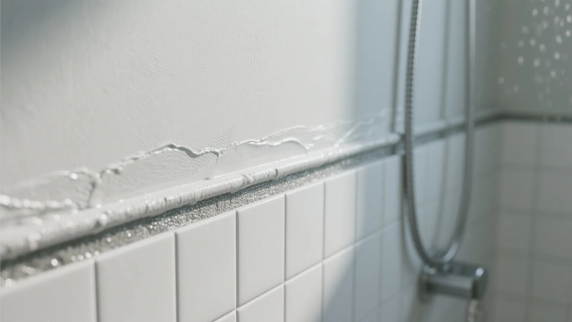 Close up view of white sealant applied along the edge between wall and shower tiles