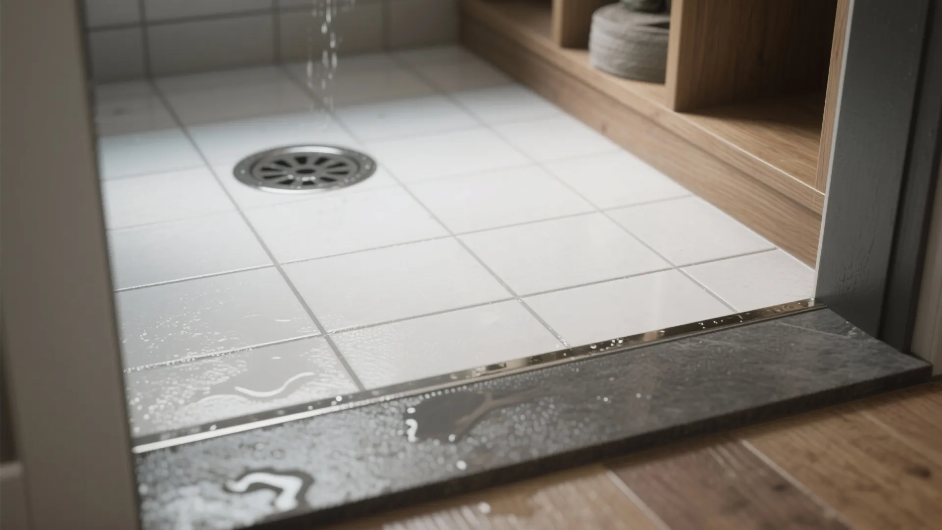Close-up of white tiled shower floor with metal water drain and wet floor area layout