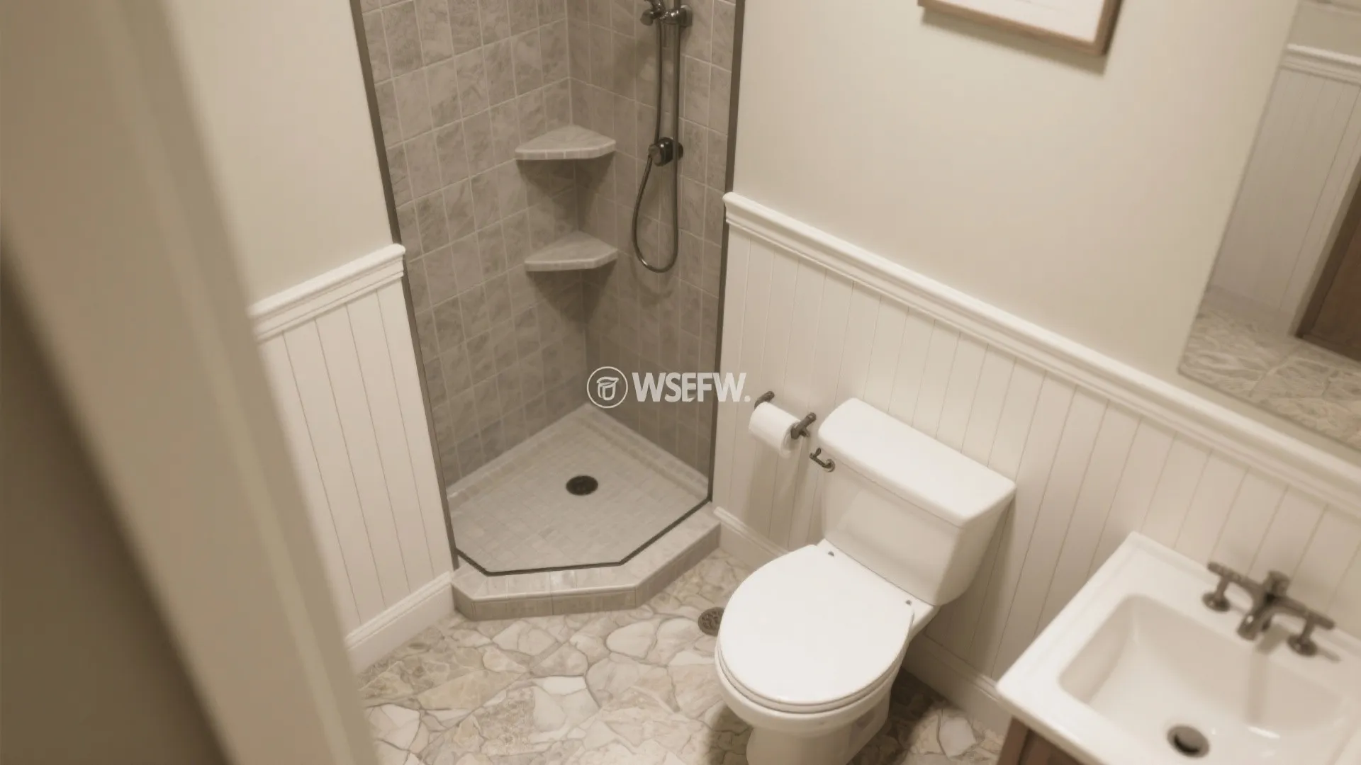 Top-down view with half-wall peel-and-stick tiles and a waterproof border around a niche in a compact bathroom.