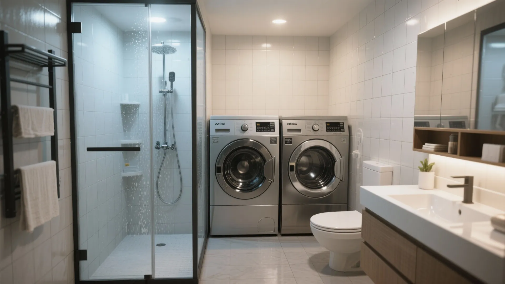 Modern bathroom featuring glass shower cabin two silver washing machines white toilet and wooden vanity cabinet