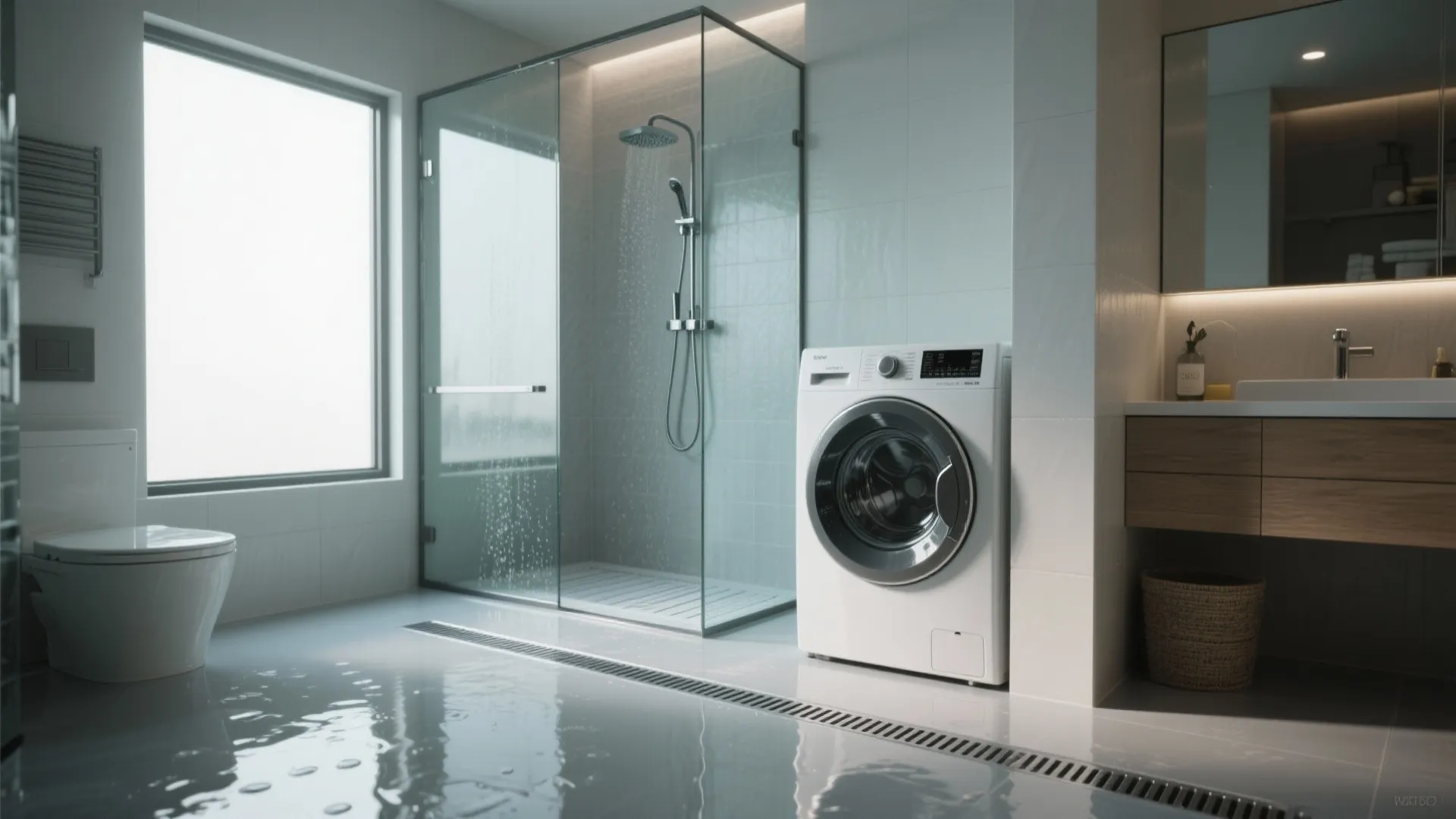 Glass-partitioned wet zone with a linear drain and a washer positioned near the shower for shared drainage.