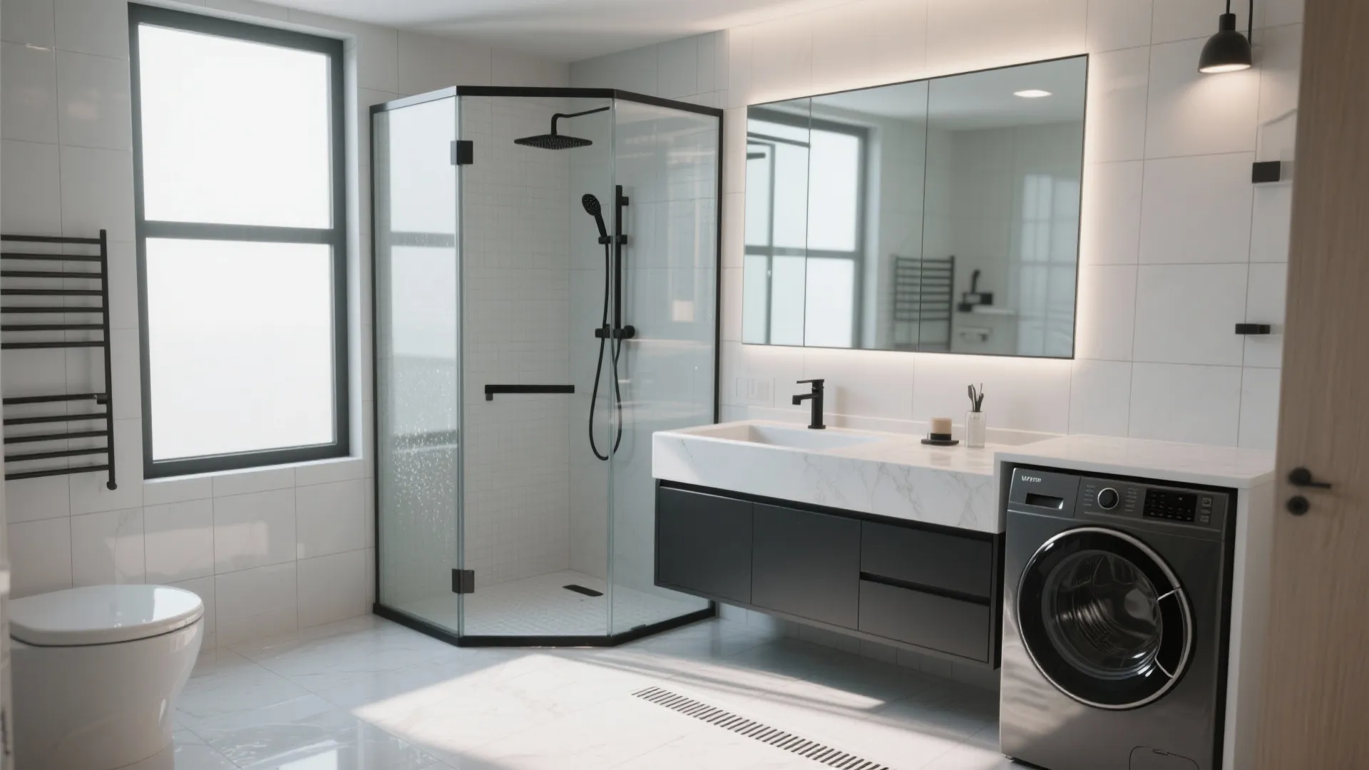 2. Wet Zone Integration: Shower + Laundry in One Wet Area