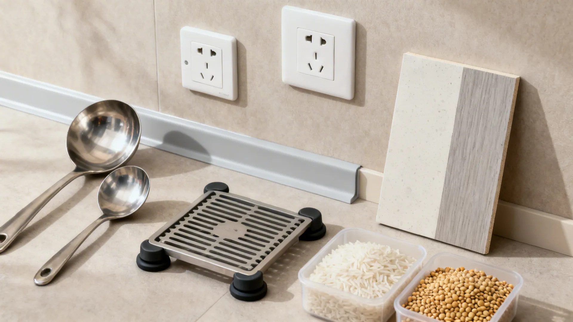 Flat lay of wet-zone materials: drain grate, cove base, wall panel, anti-vibration feet, and grains.