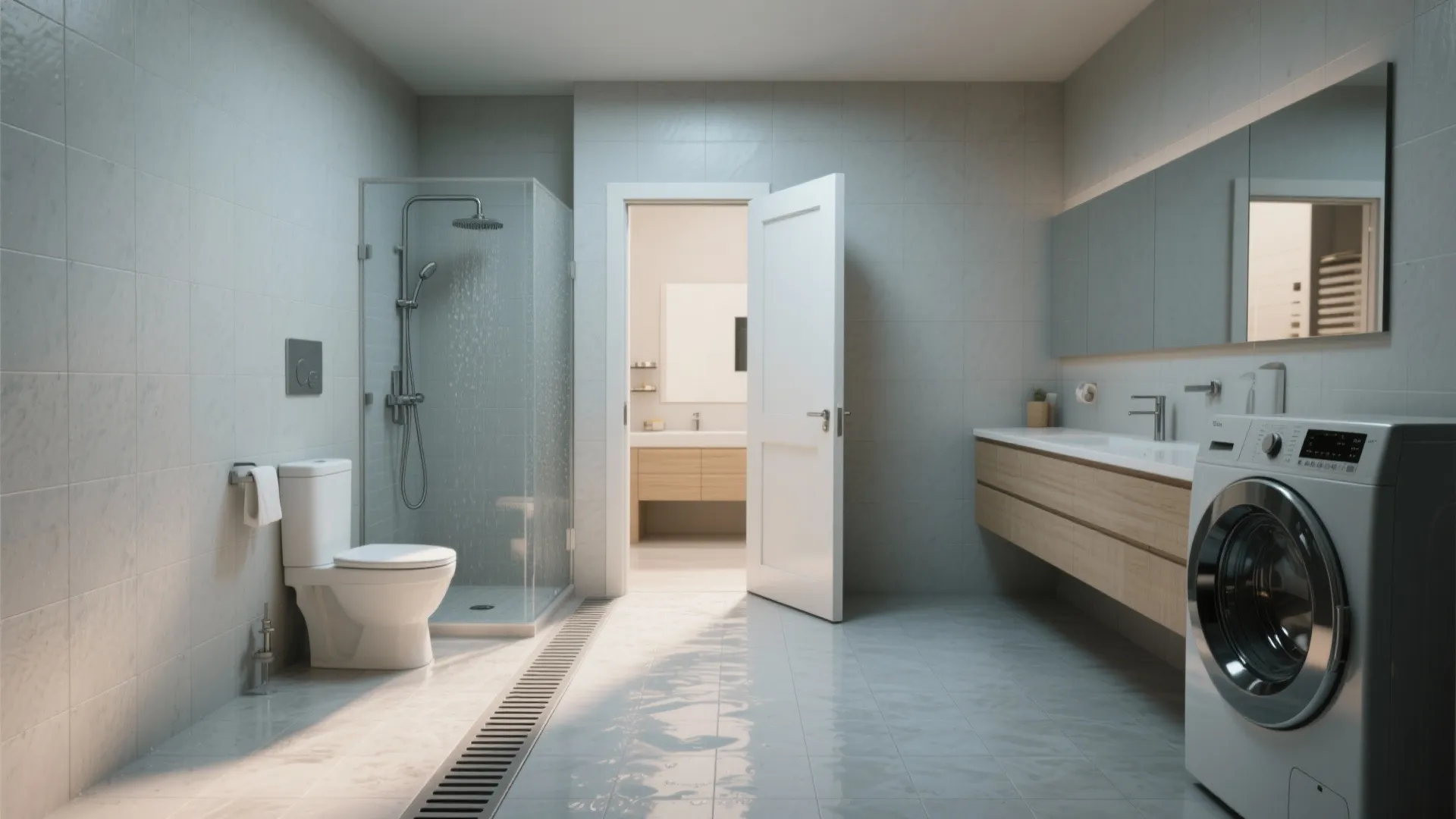 Wet zone with shower, toilet, and washer on a single waterproofed floor separated by a pocket door.