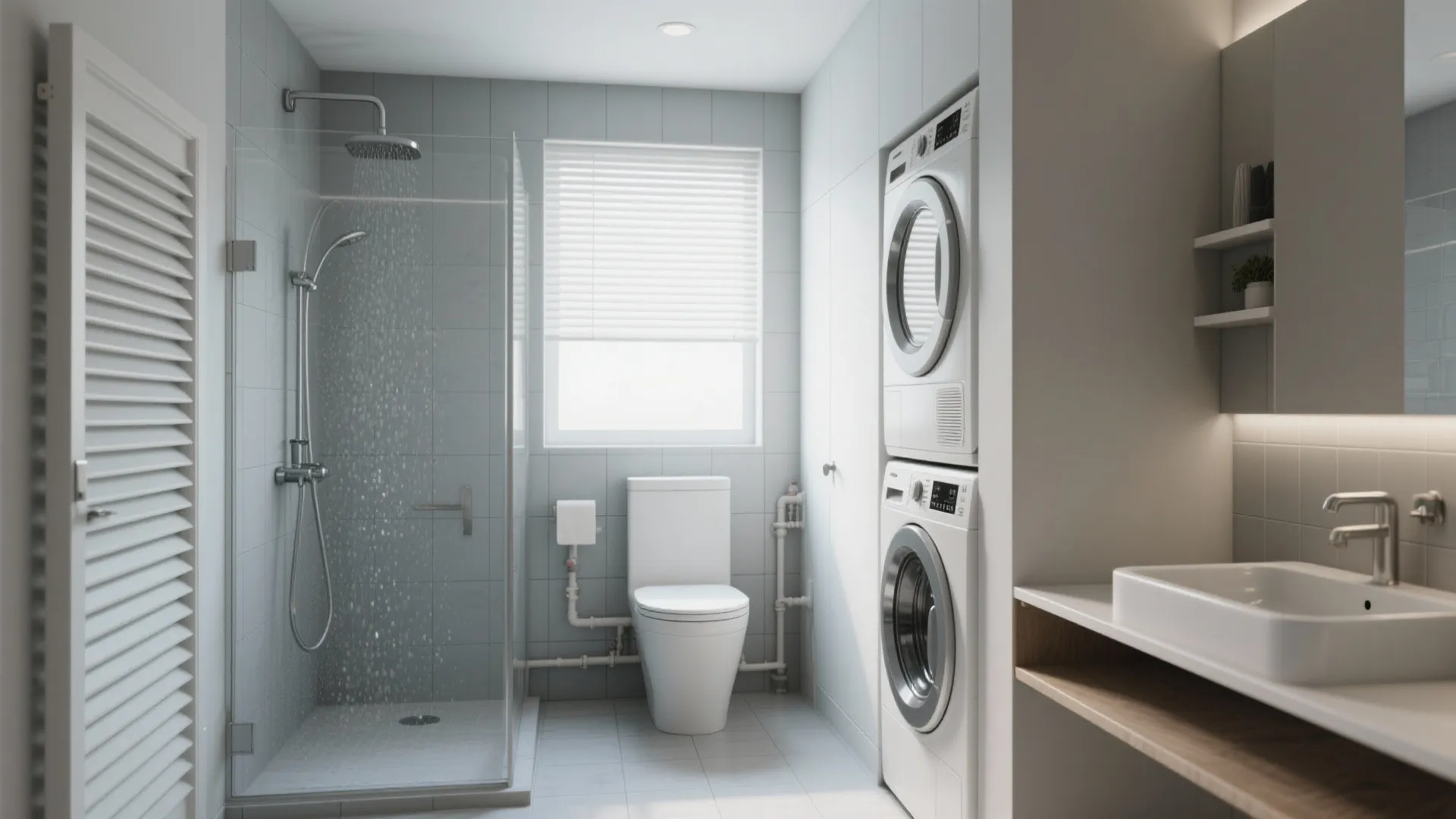 Modern white bathroom interior with glass shower cabin toilet stacked washing machine and dryer units
