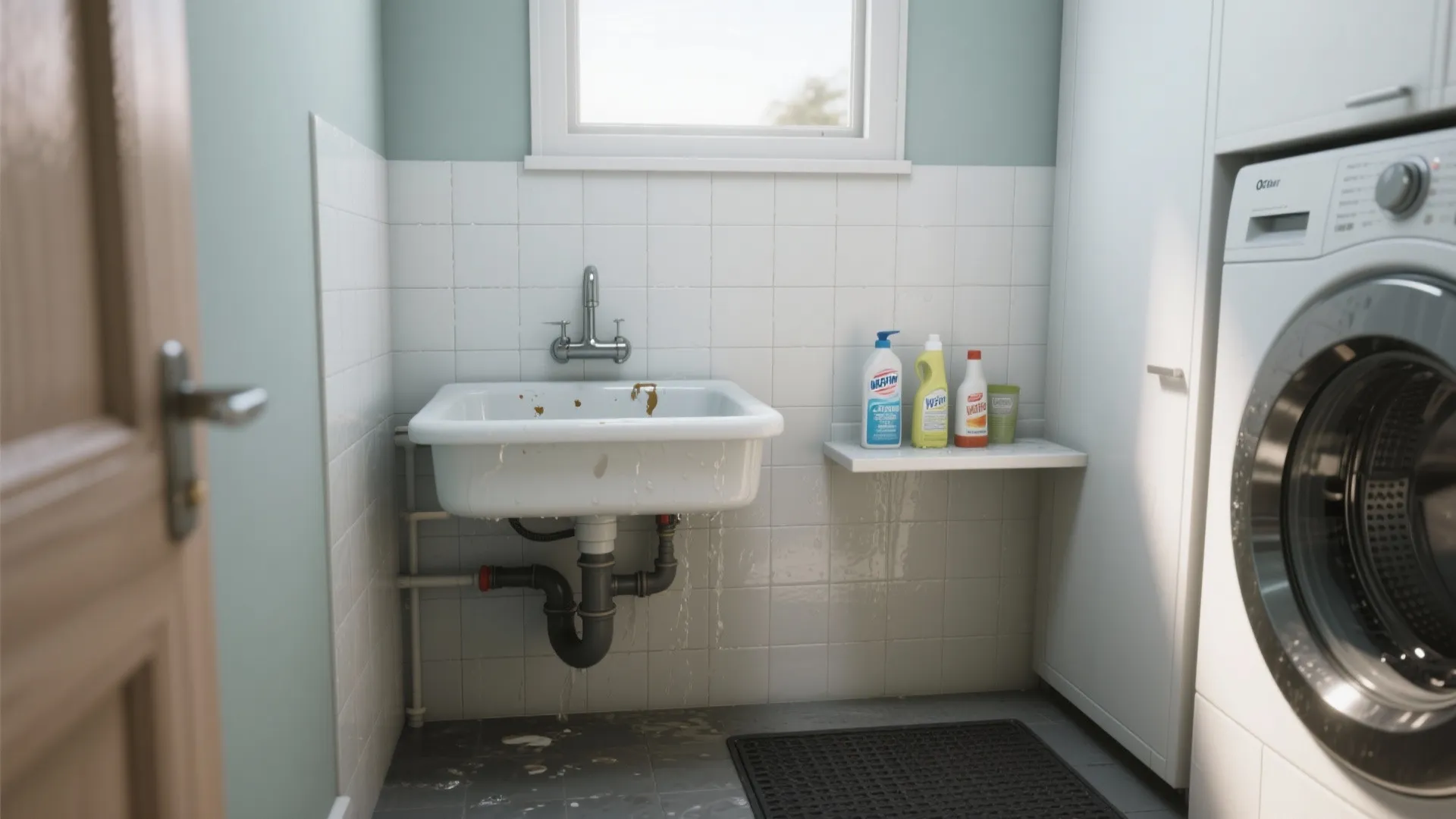 Small laundry room with white wall tiles white sink washing machine and cleaning product bottles