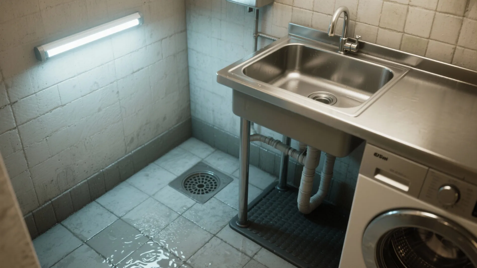 Close-up of a basement laundry wet-zone with a stainless utility sink, rubber tray under a machine, and recessed floor drain.