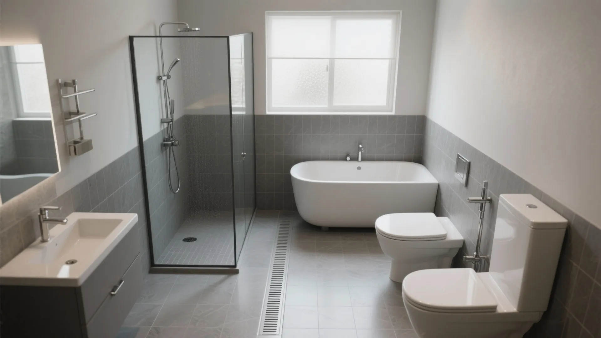 Defined wet zone with half-height partition, frameless glass shower and linear drain in a small master bathroom.