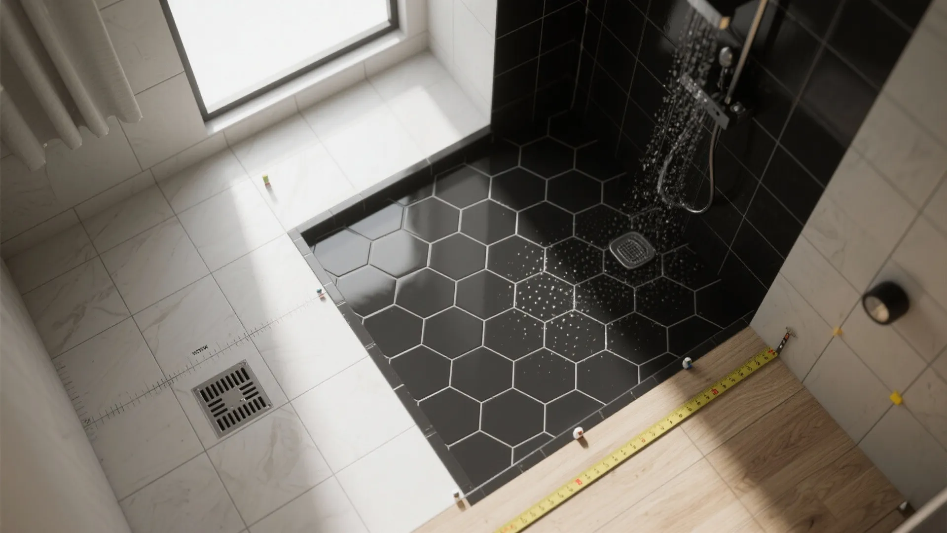4. Define Wet Zones with Durable Hexagon Flooring