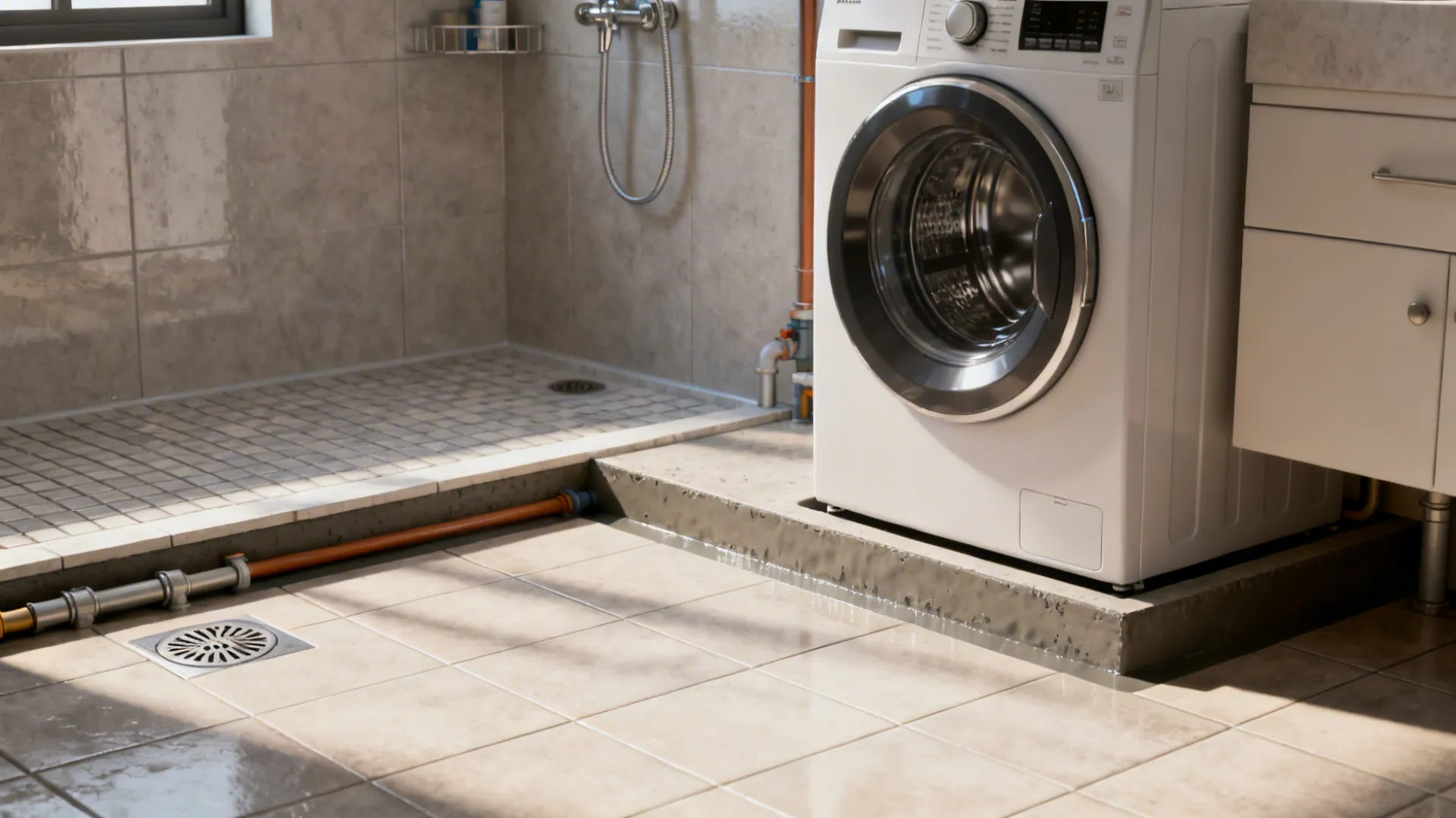 5. Wet Zone Combo — Washer Near Shower with Drain Planning