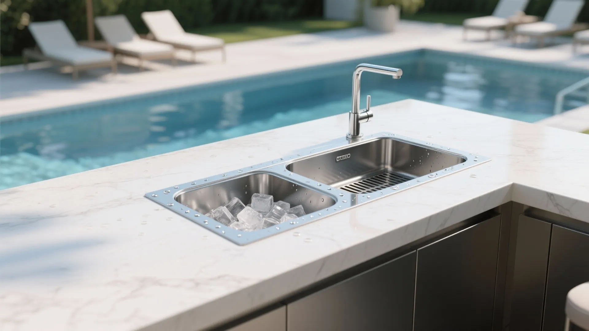Wet bar with built-in stainless steel ice bin and hidden drain near pool