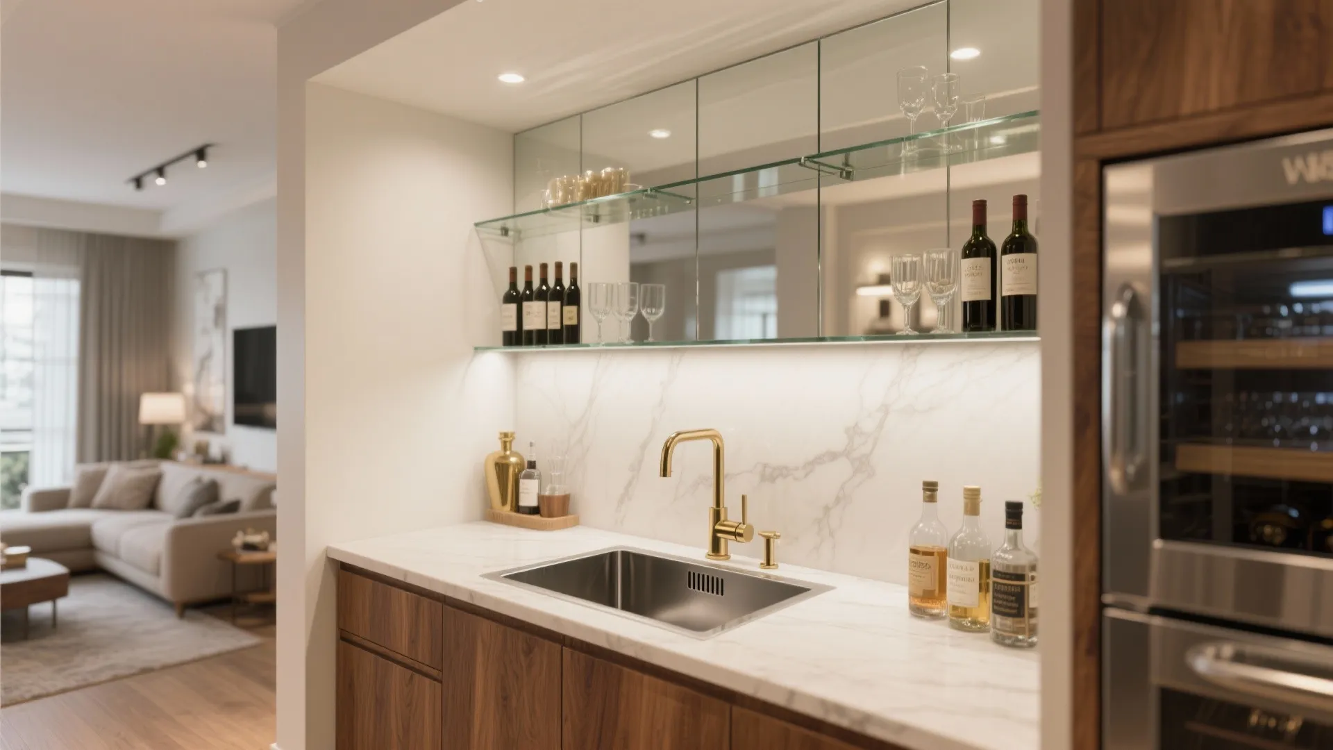 Modern home bar featuring marble countertop stainless steel sink gold faucet and glass storage wall shelves