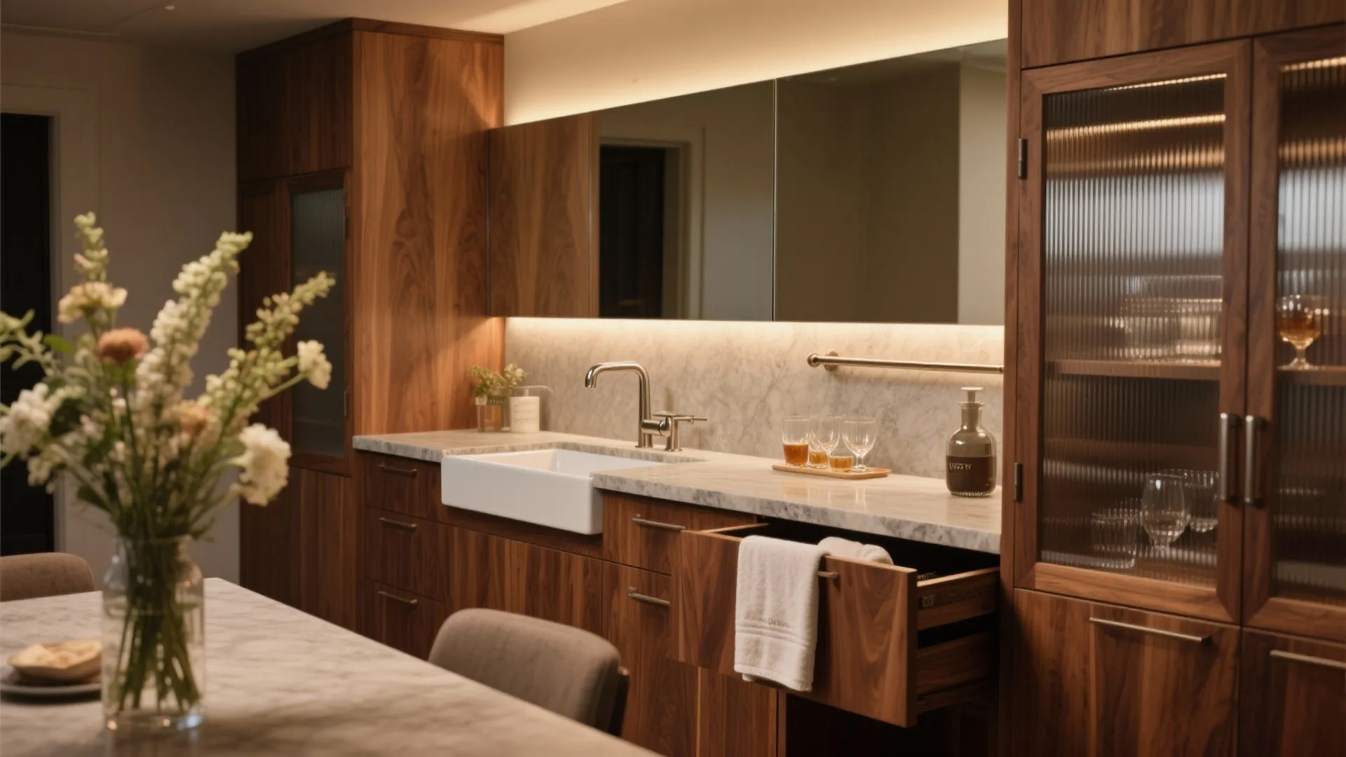 Dual-purpose wet bar + wash station in warm wood