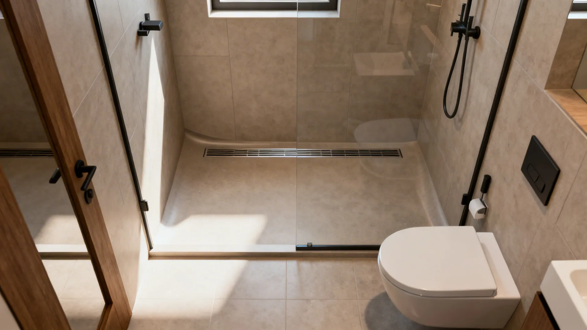 Barrier-free compact wet room with wall-hung toilet and linear drain, visually spacious despite narrow width